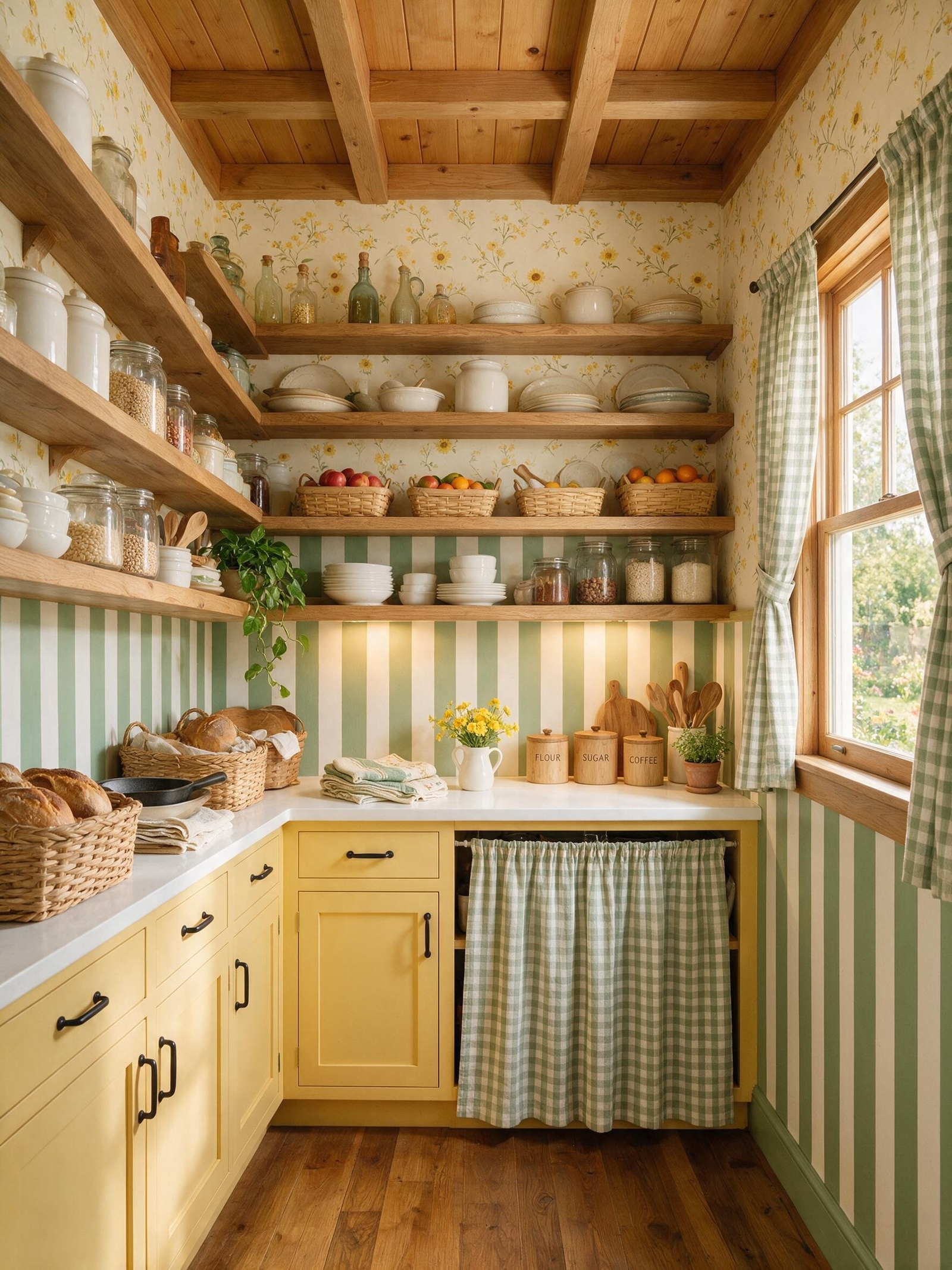 Open shelving kitchen with ceramic canisters and woven baskets