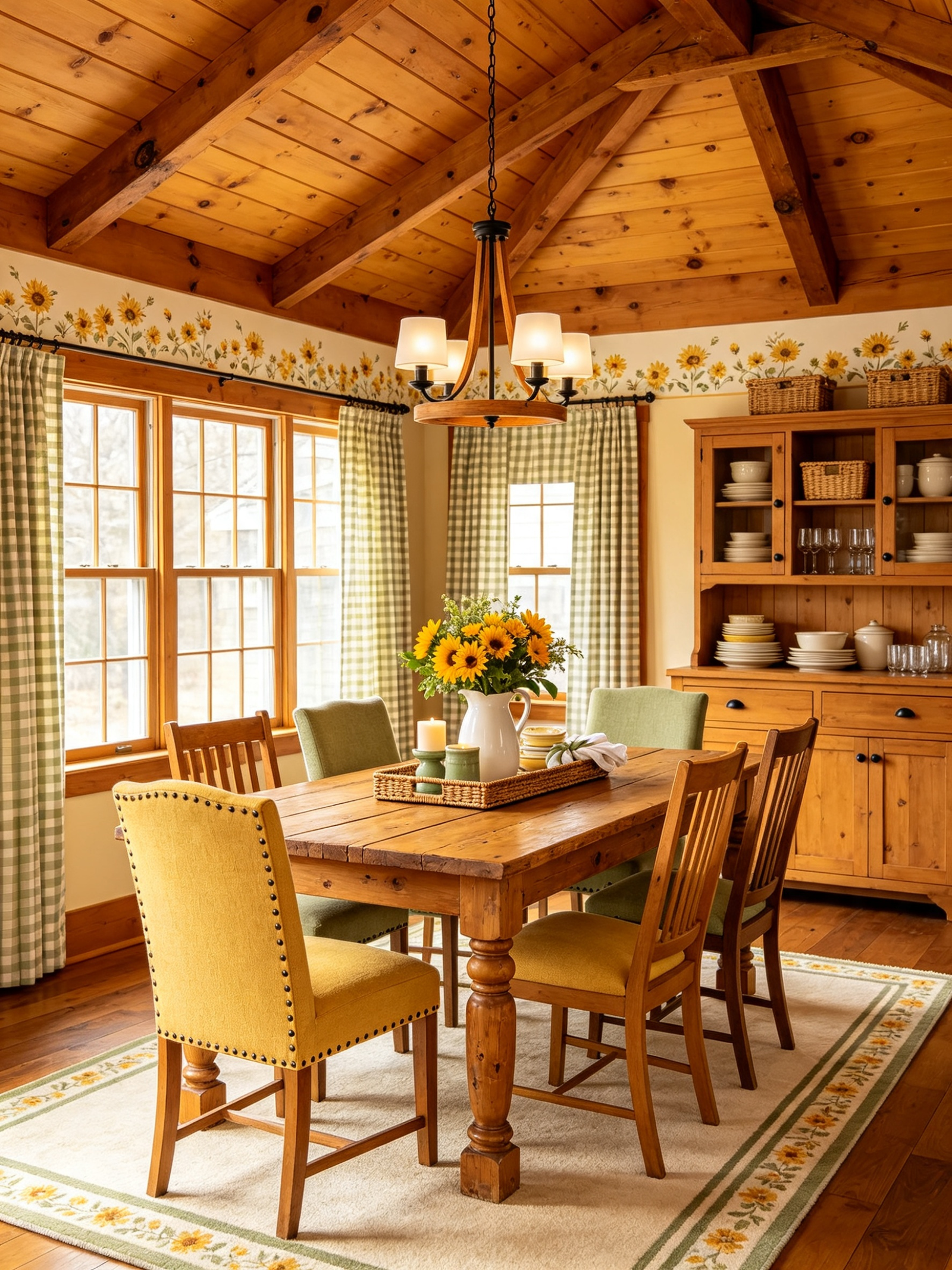 Modern small cottage design dining room with wood table and green-yellow chairs