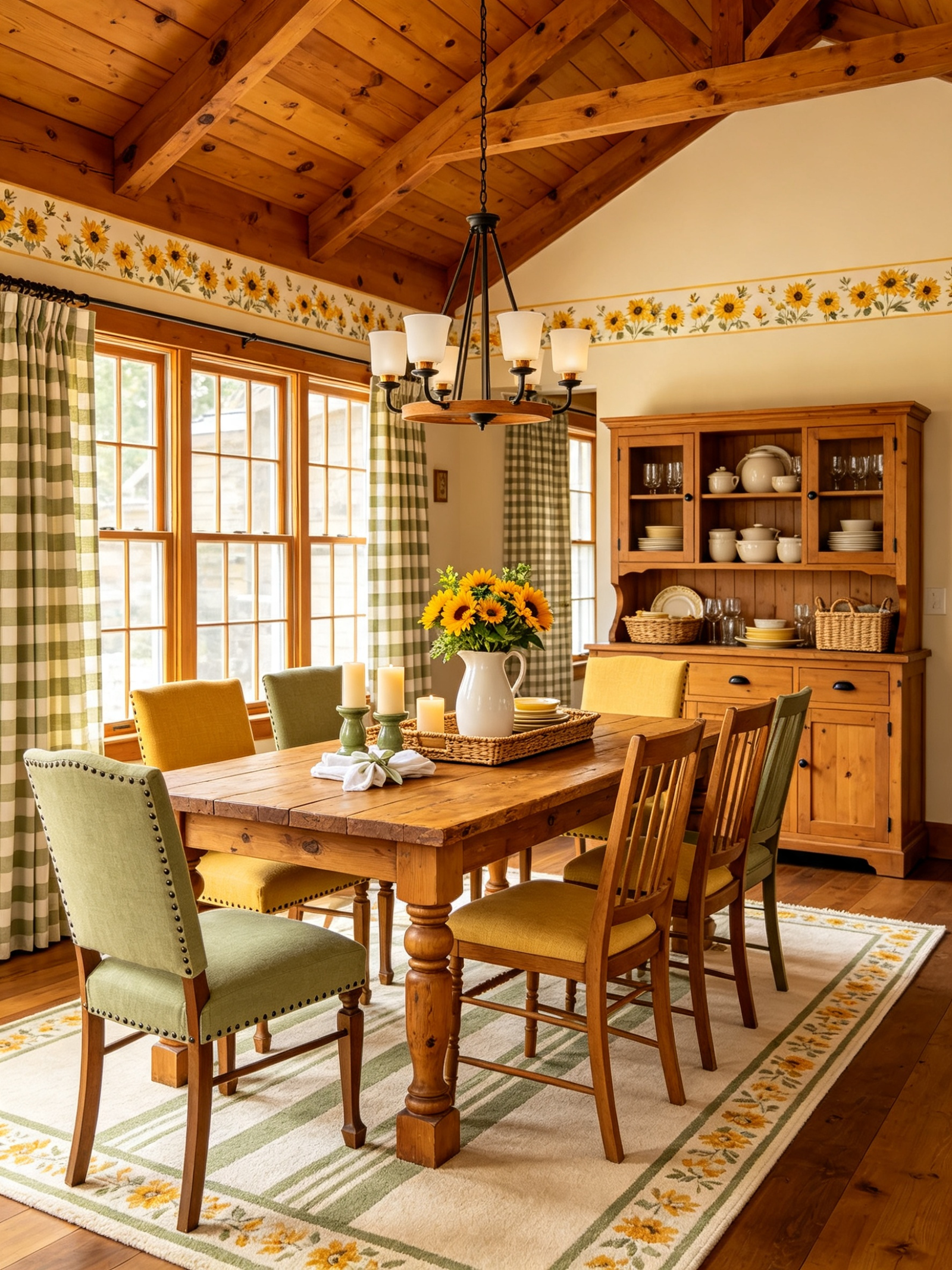 Rustic wood dining table with mixed green and yellow upholstered chairs