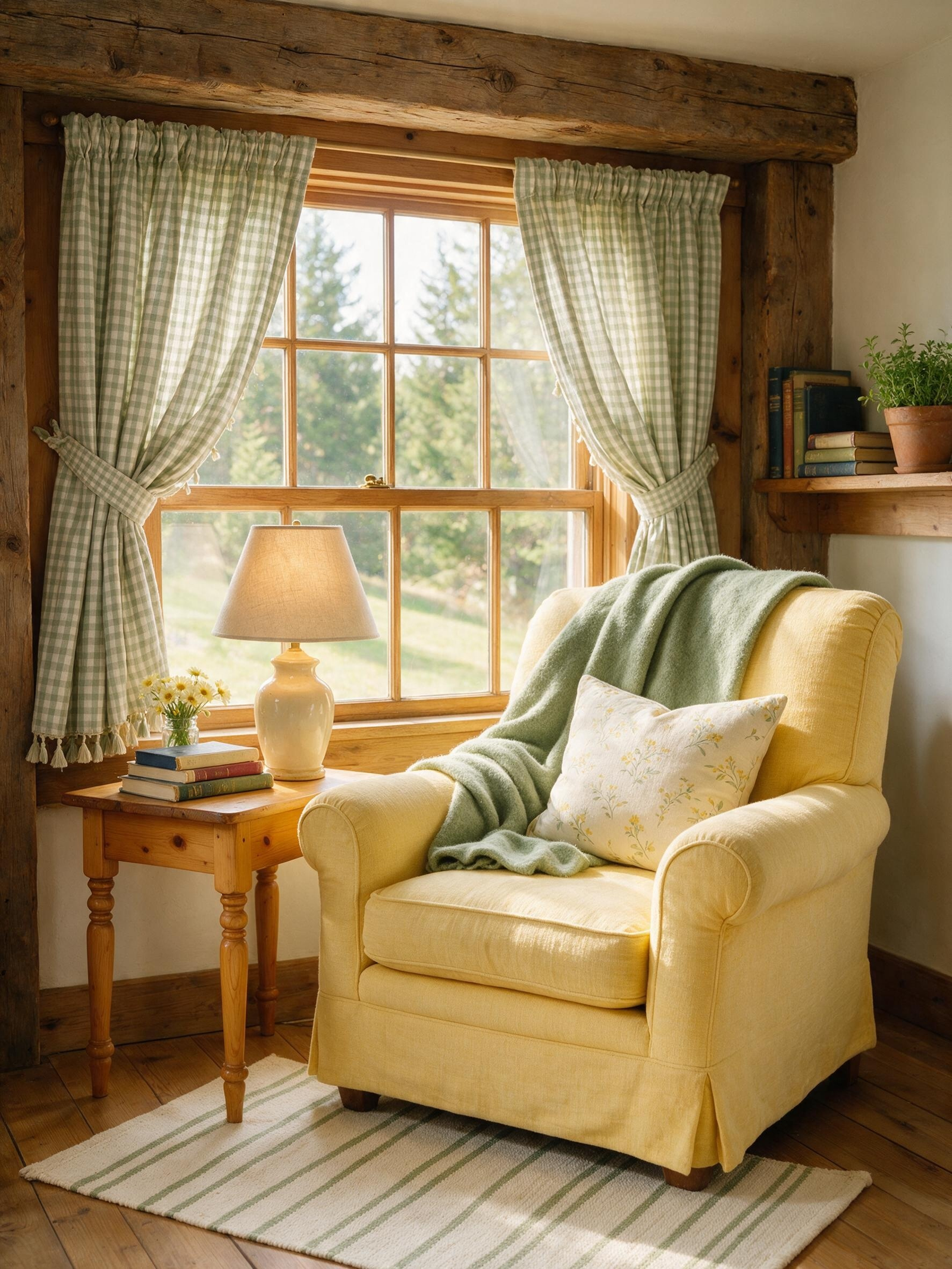 Modern small cottage design reading nook with yellow armchair
