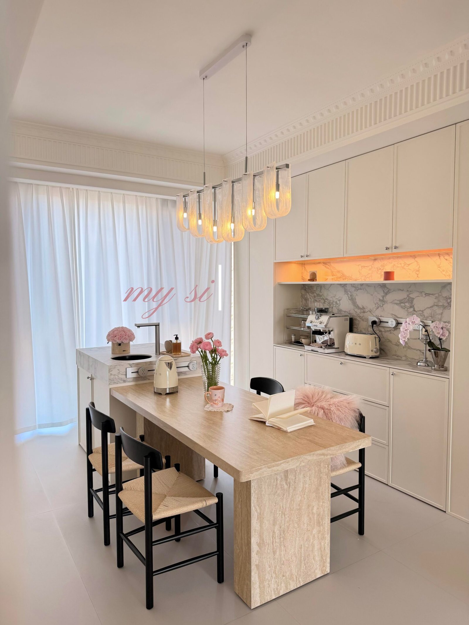Soft beige dining space with contemporary furniture and decorative wall panels