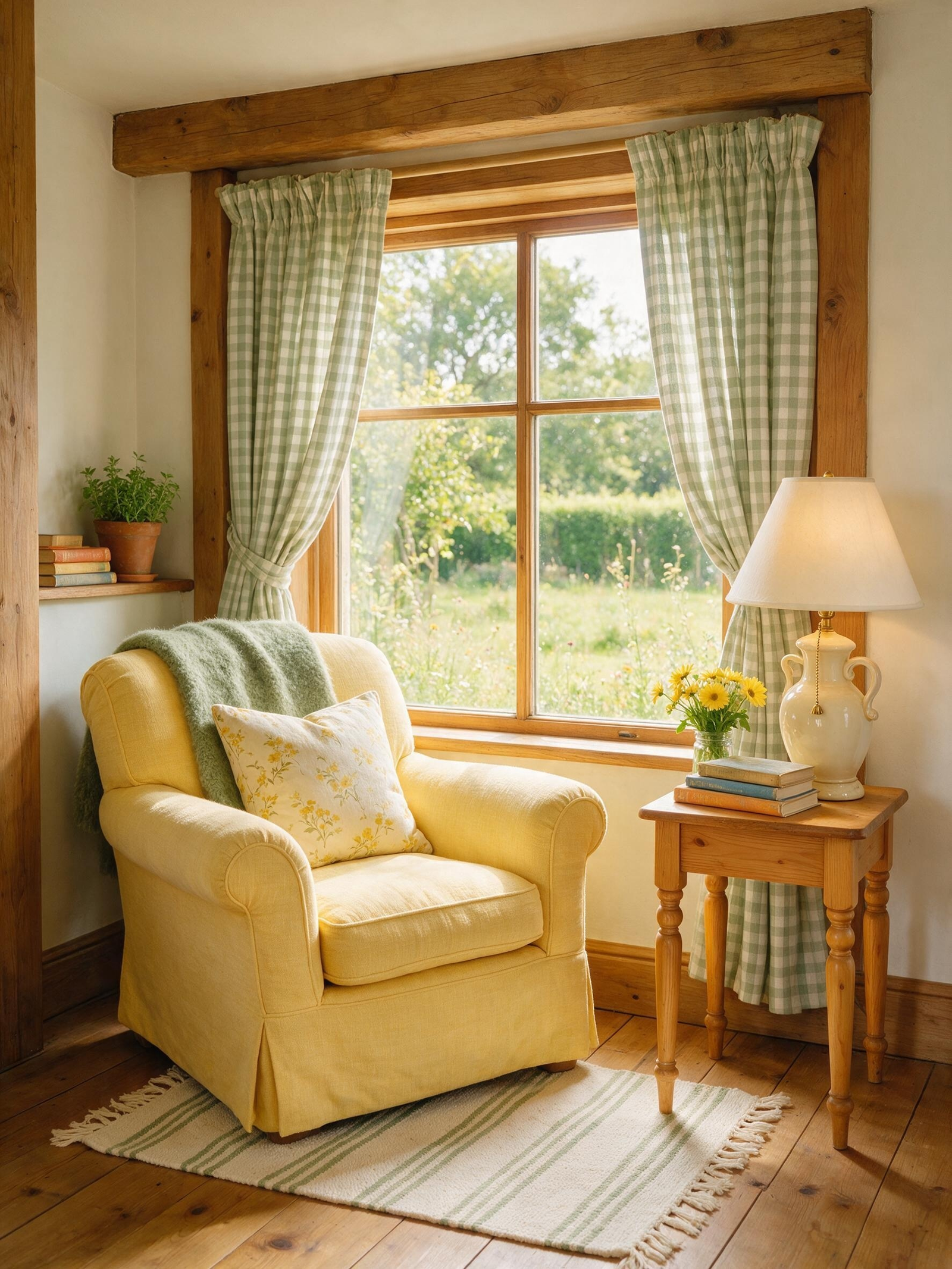 Rustic wood frame window with gingham curtains and exposed beams