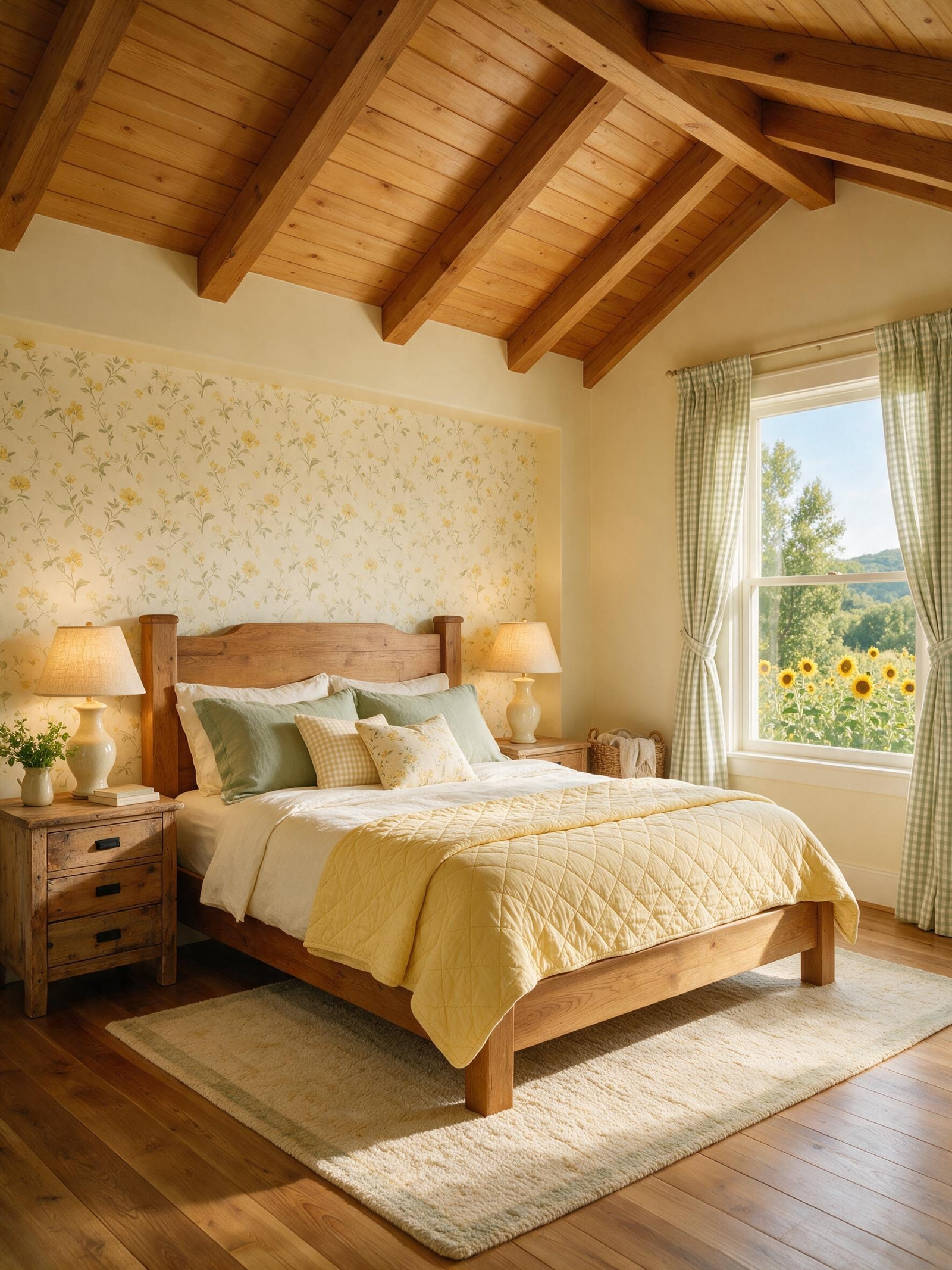 Modern small cottage design bedroom with wood bed and floral wallpaper