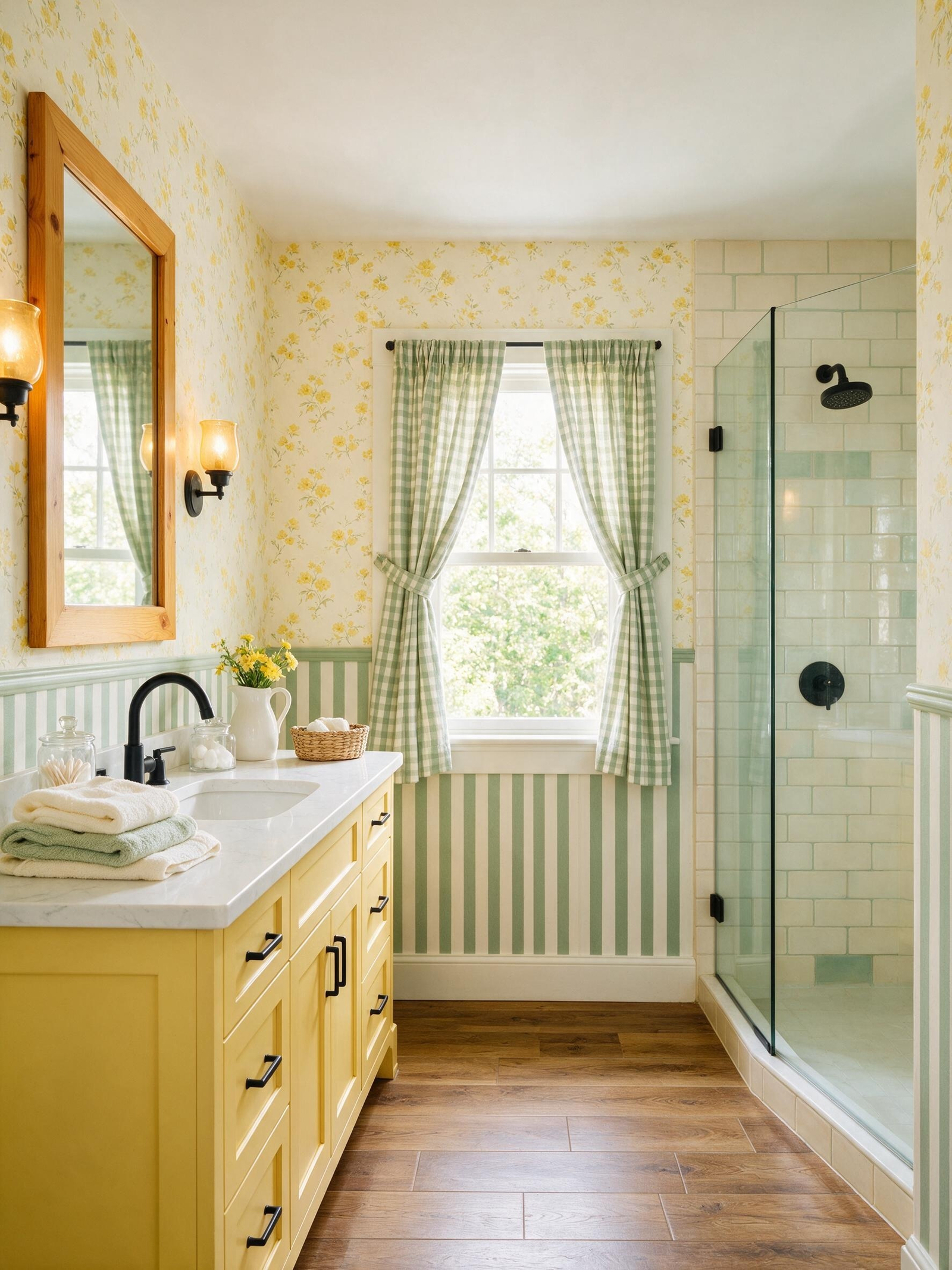 Floral wallpaper and tile shower bathroom with open wood shelving