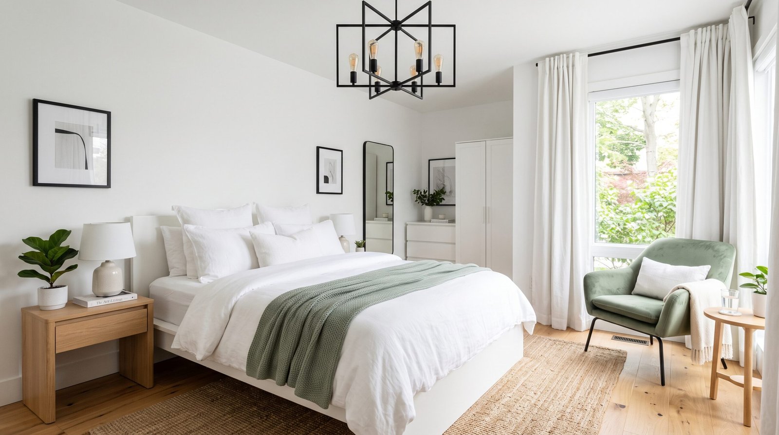 white bedroom with green blanket 202608041654