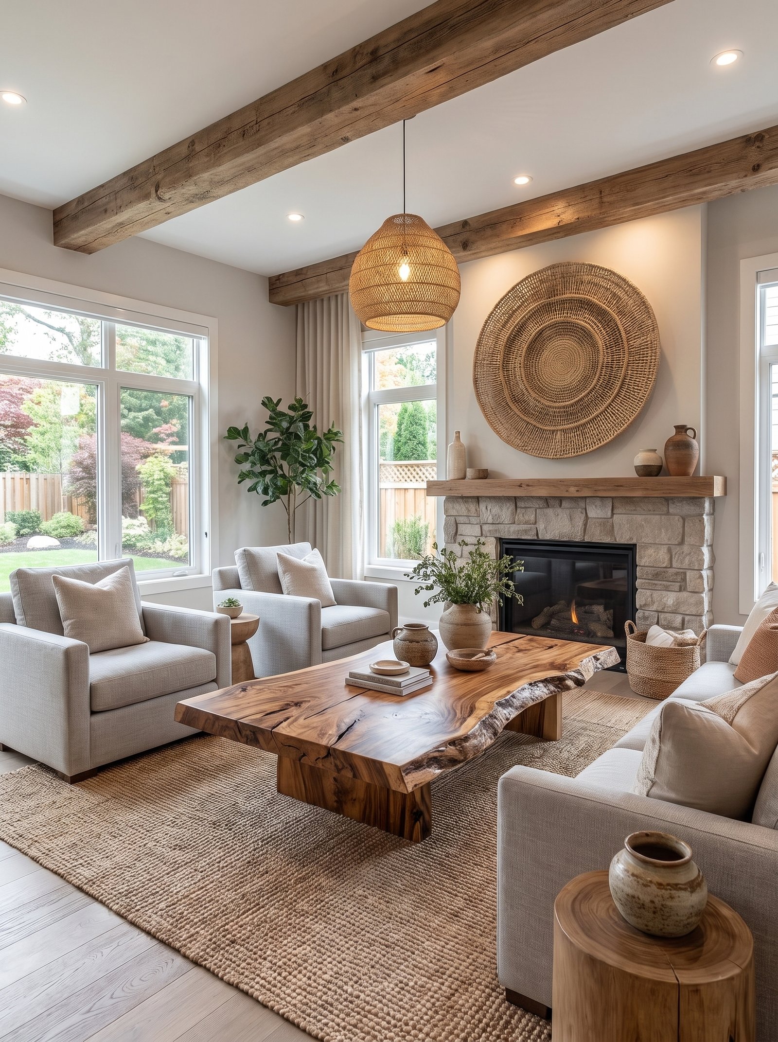 Wood furniture DIY live-edge coffee table styled in a neutral living room