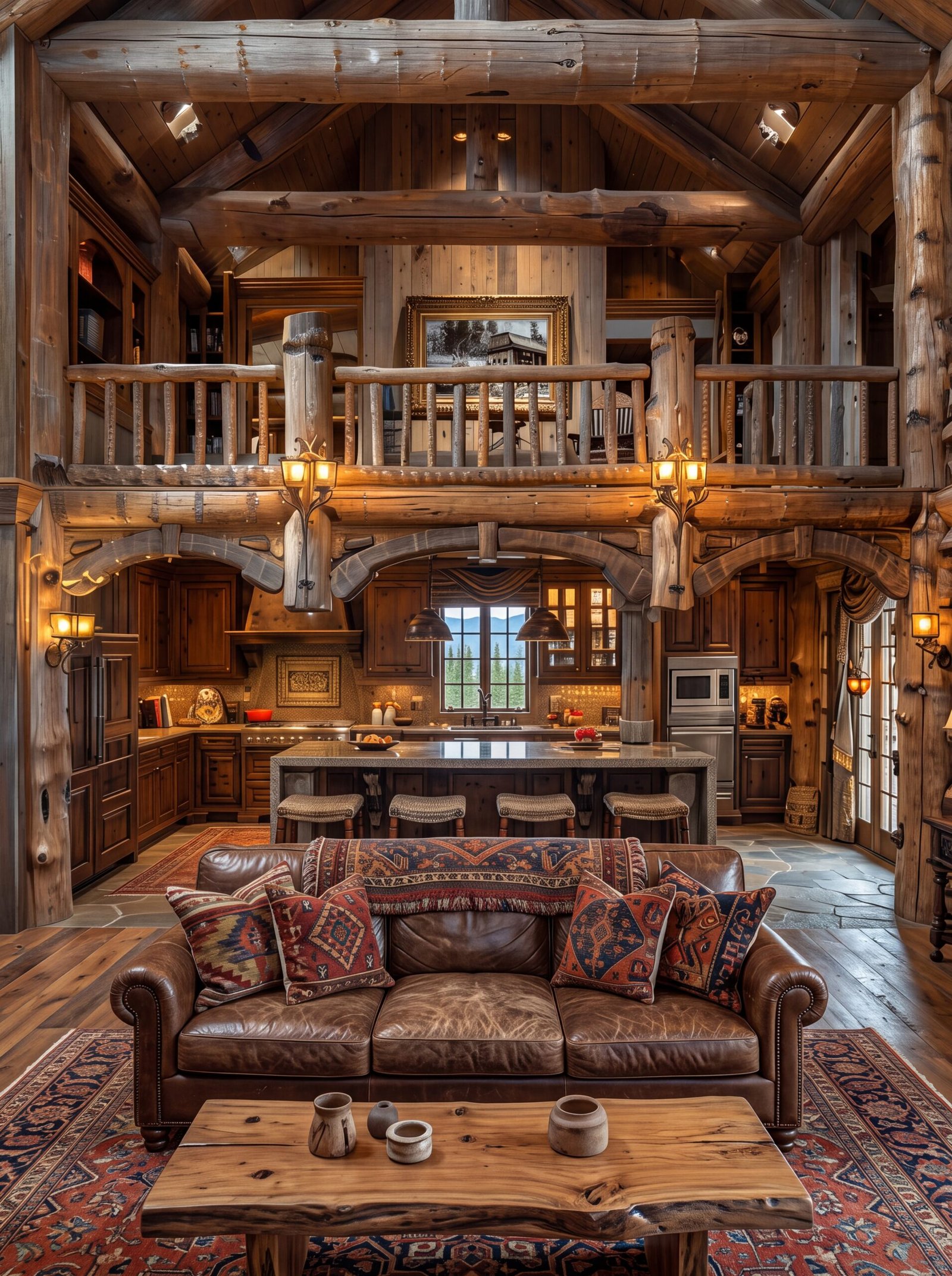 Wood log house great room with two-story timber beams and open kitchen island