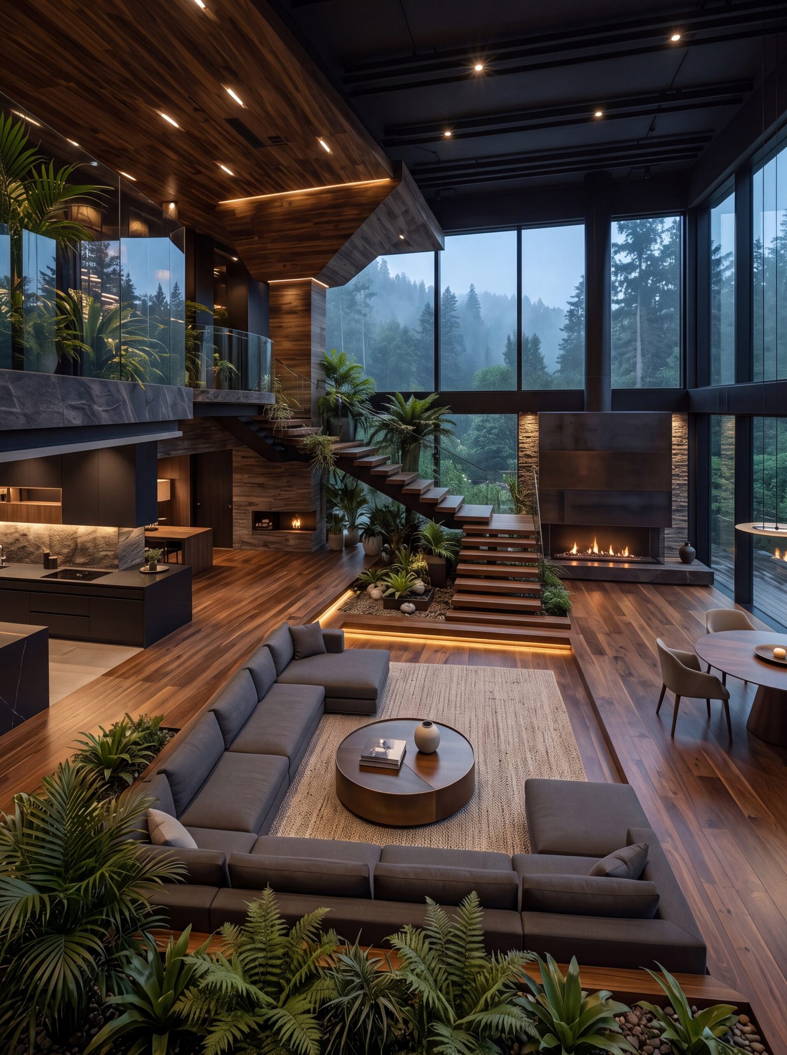 Luxury modern living room design with sunken seating and floating wood staircase