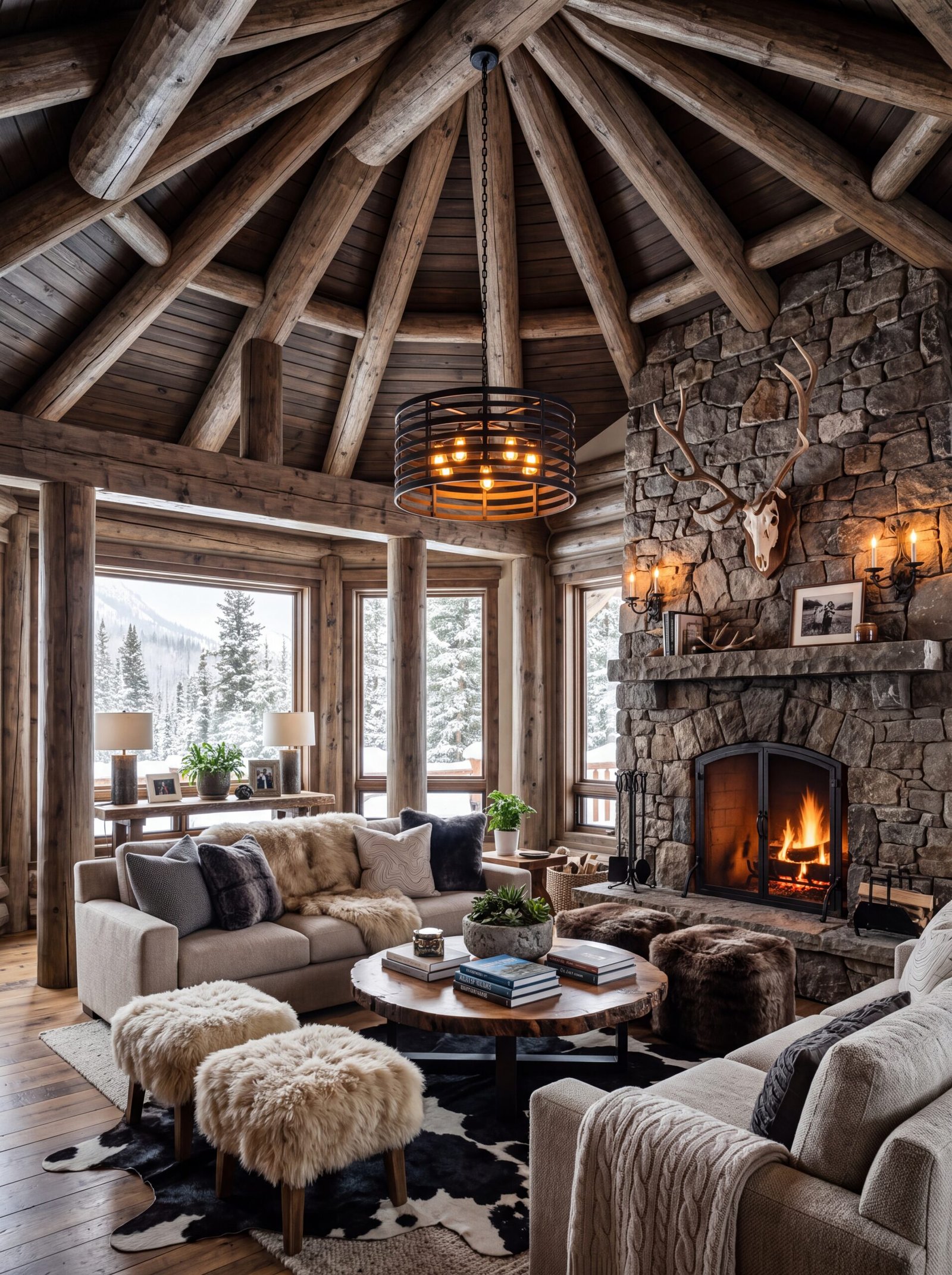 Rustic mountain cabin great room with radial wood-beam ceiling and stone fireplace.