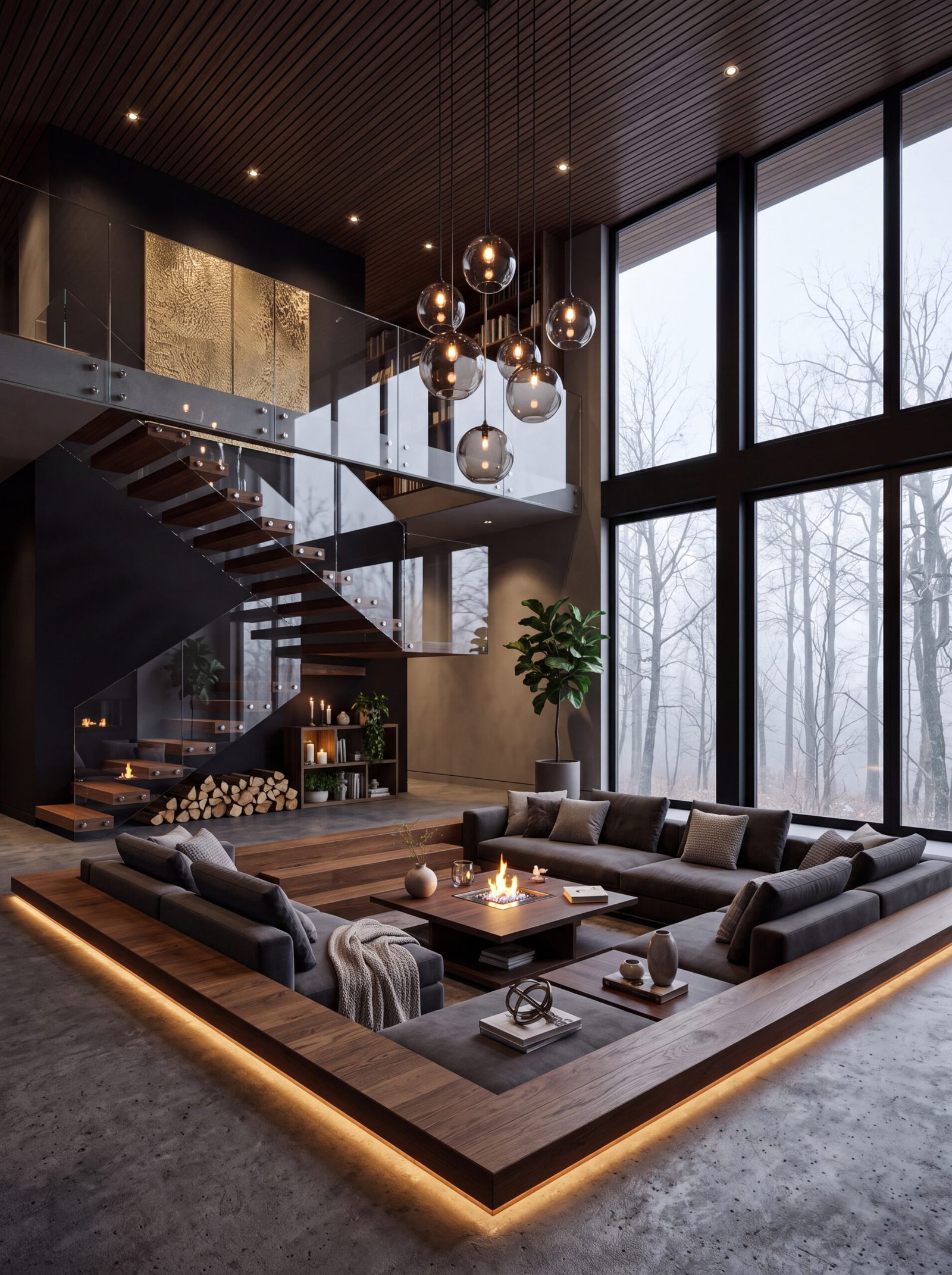 Sunken living room design featuring floating walnut stairs and glass globe pendant lighting.