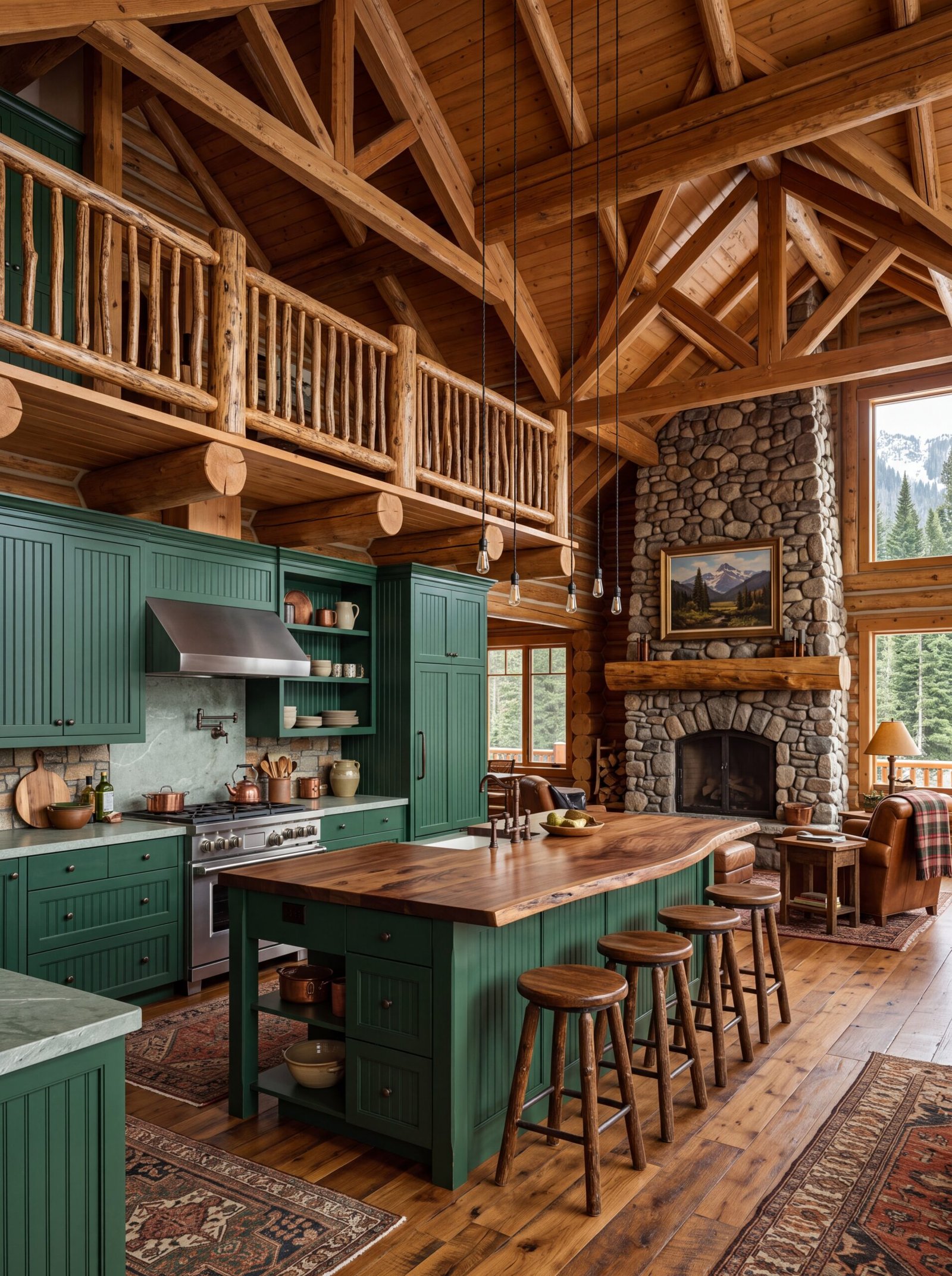 Rustic log cabin kitchen with sage green cabinetry