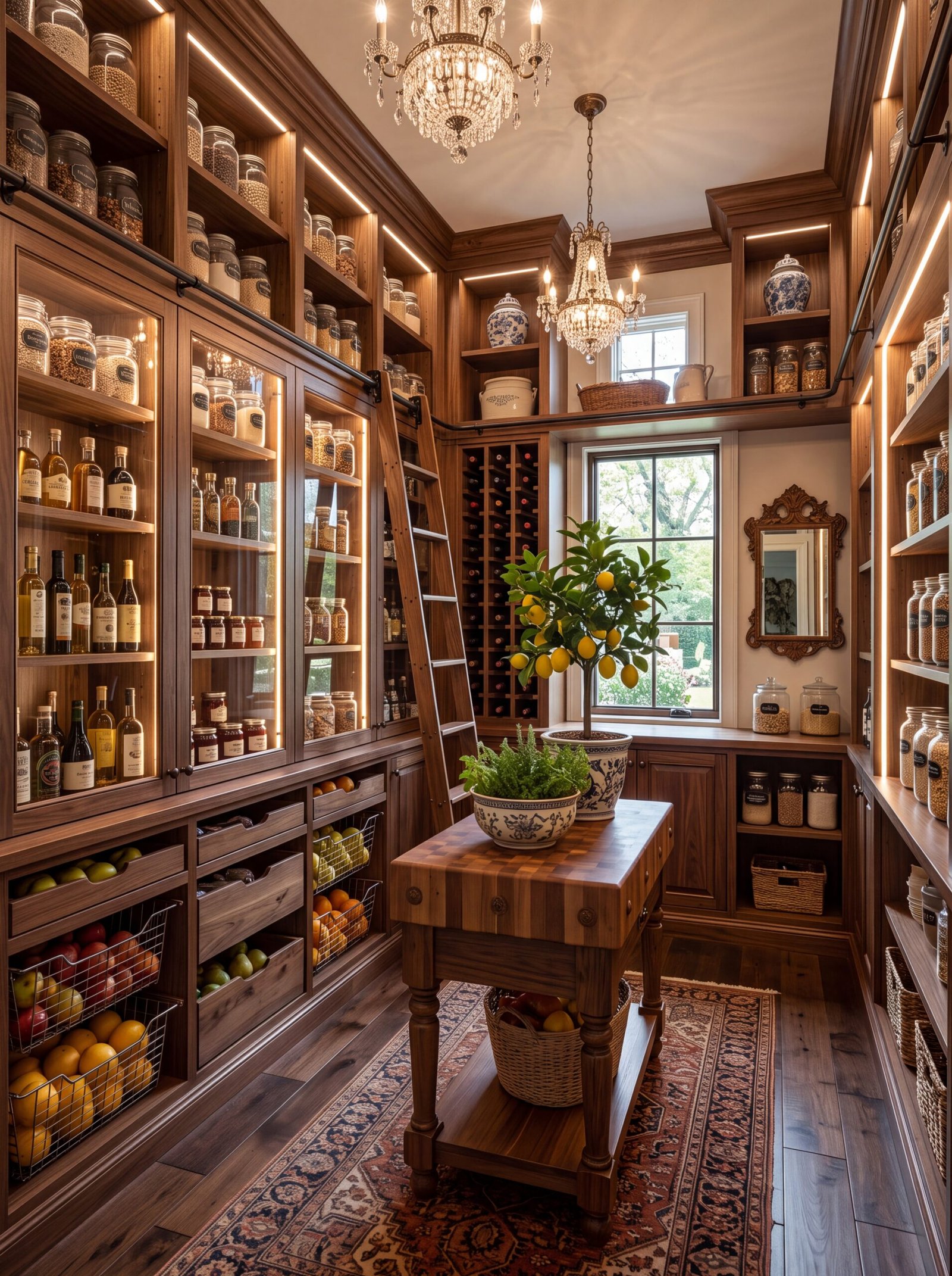 Walk-in pantry with walnut cabinets, glass-front doors, and crystal chandelier lighting