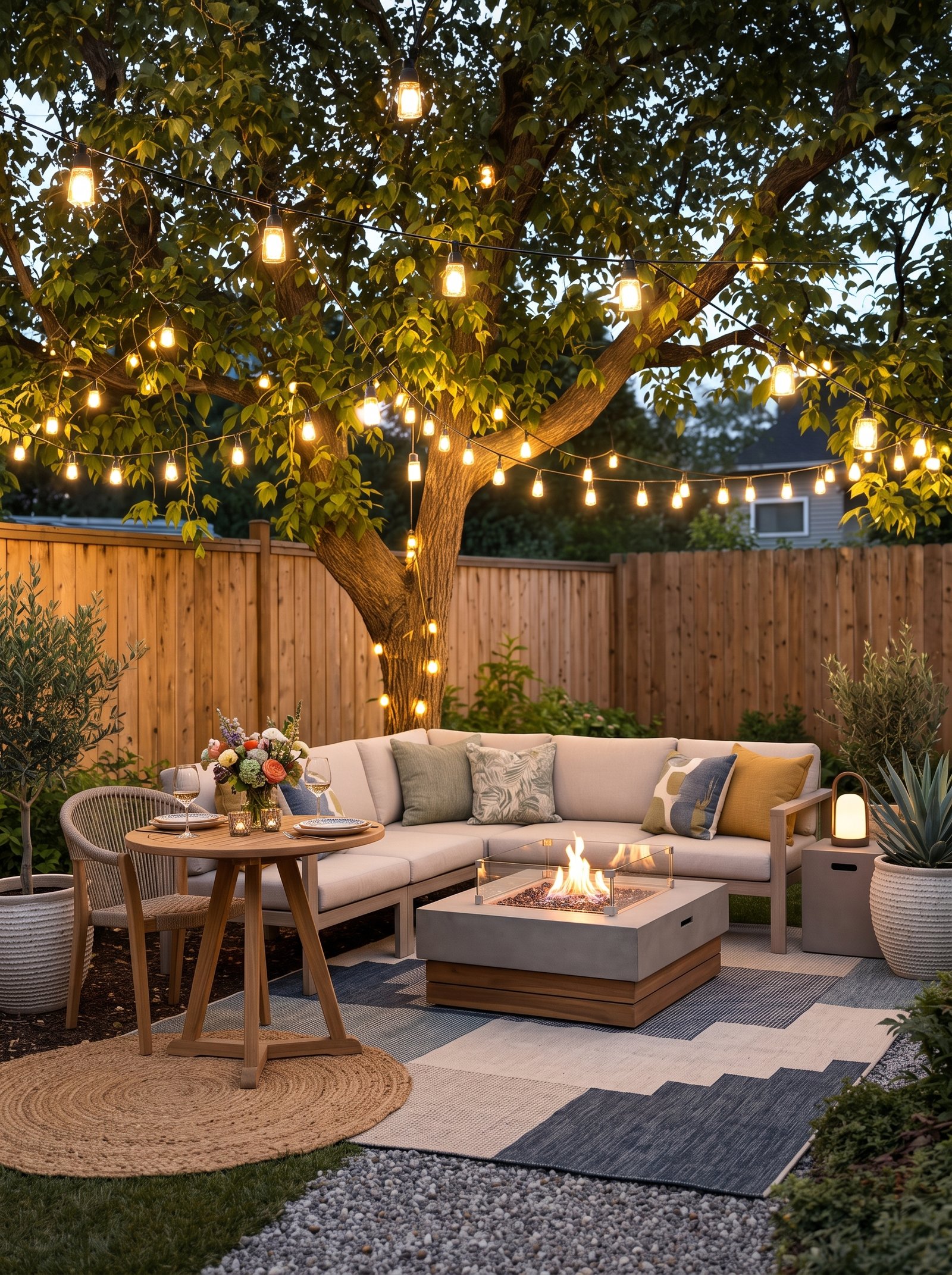 Cheap backyard ideas no grass featuring gravel patio and string-lit tree canopy