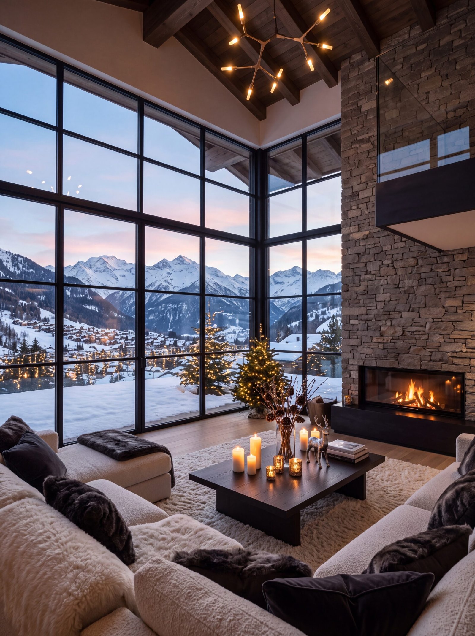 Alpine mountain living room design with corner windows overlooking a snowy ski village.
