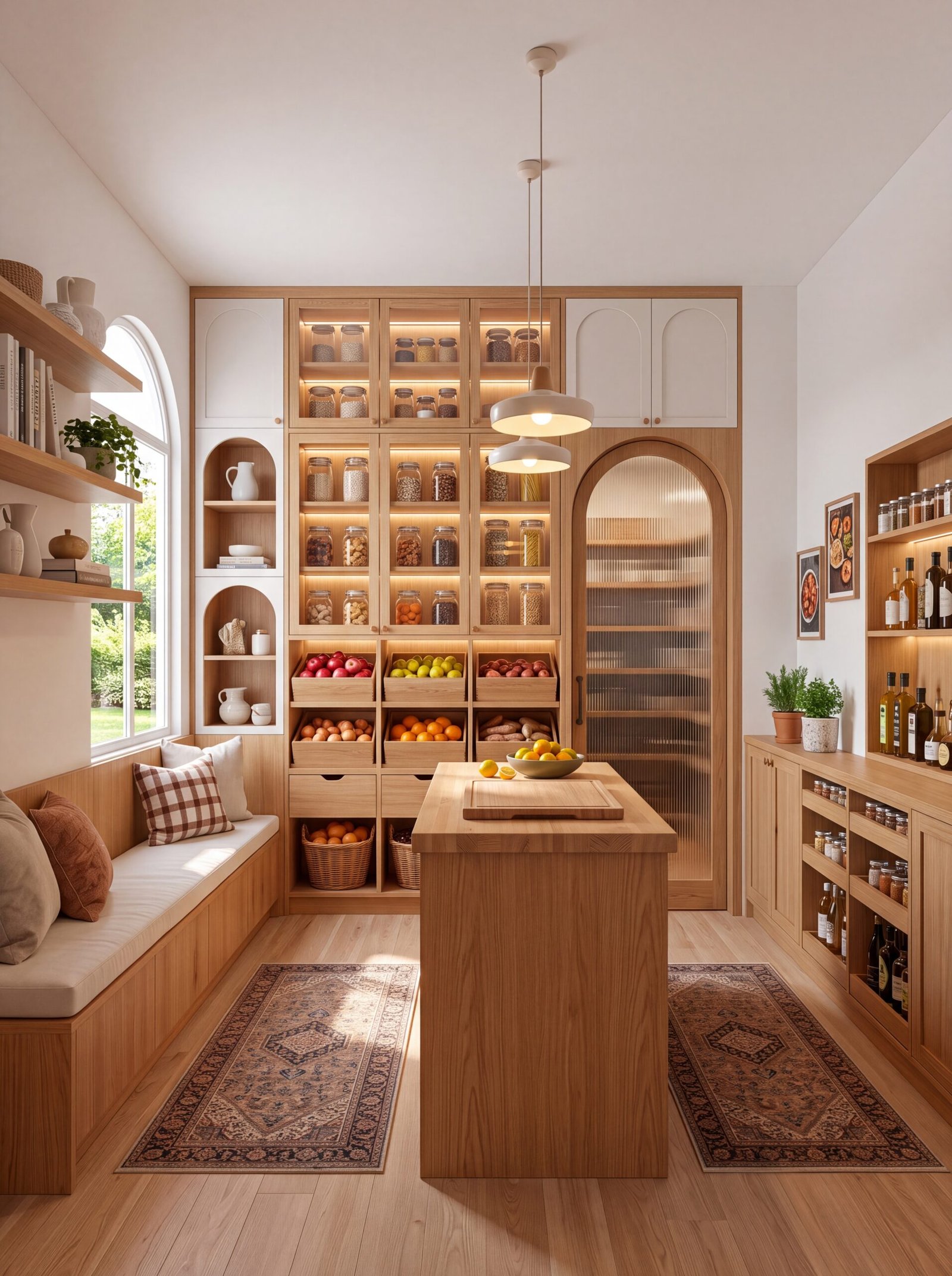 Scandinavian pantry with light oak cabinets, arched reeded glass door, and enamel pendants
