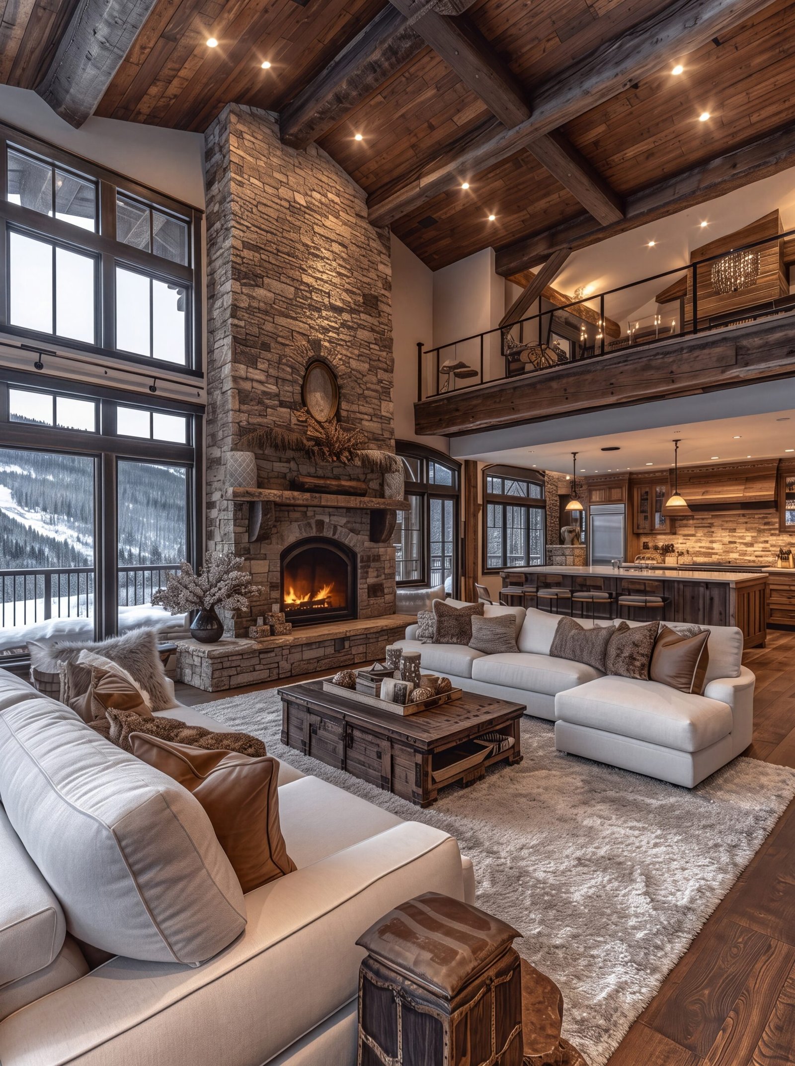 Mountain lodge seating area styled with faux fur throws and leather accent pillows
