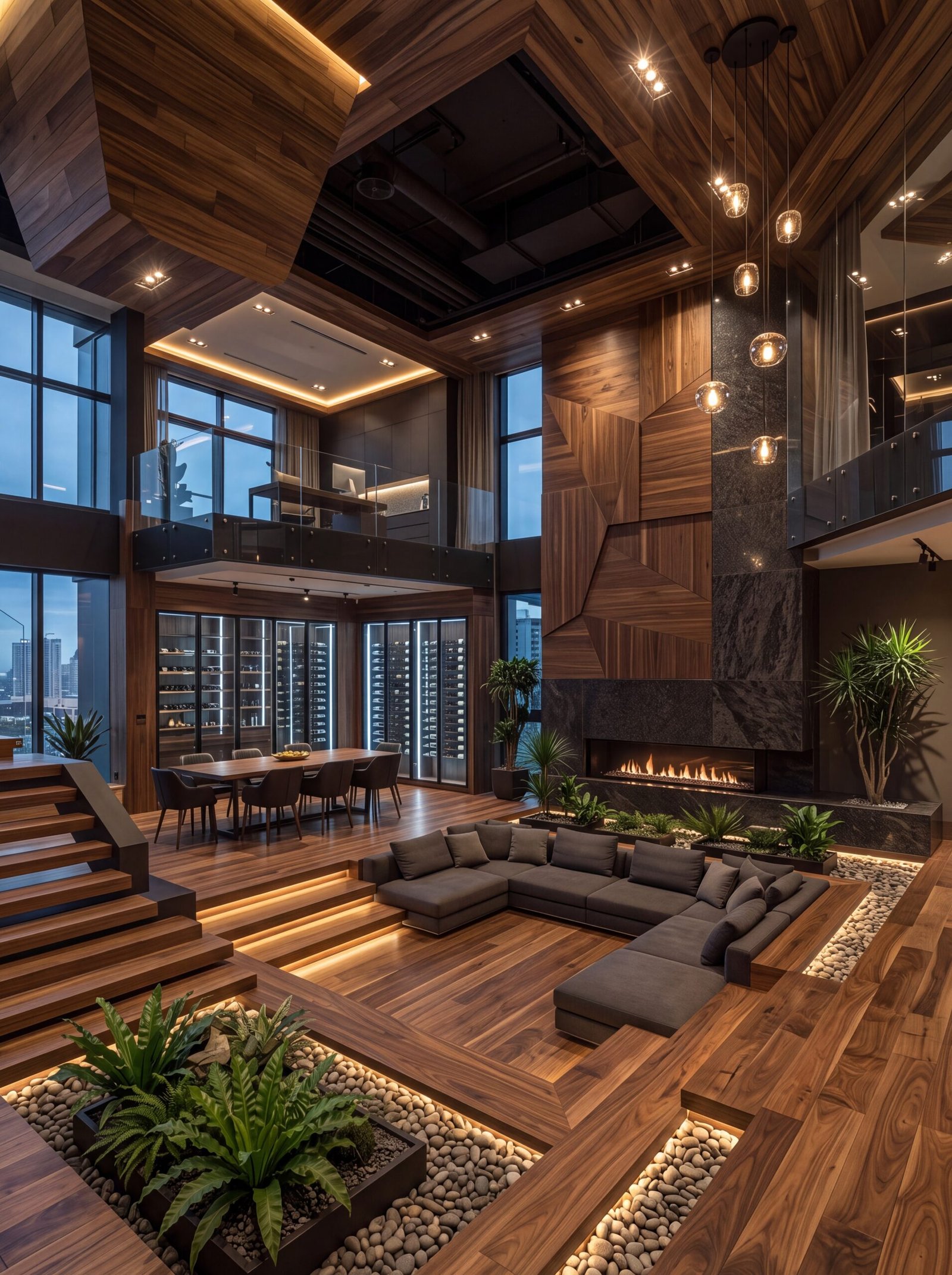 One of the strongest features of this penthouse is the angular wood-paneled wall behind the fireplace, its faceted geometry catching light differently depending on where you stand in the room. A temperature-controlled glass wine wall sits just beyond the dining table, doubling as both storage and a striking backlit feature. In this luxury modern living room design, pebble borders around the sunken sectional echo the fireplace's stone surround, tying the hardscaping details together across a room built almost entirely from wood, stone, and glass.