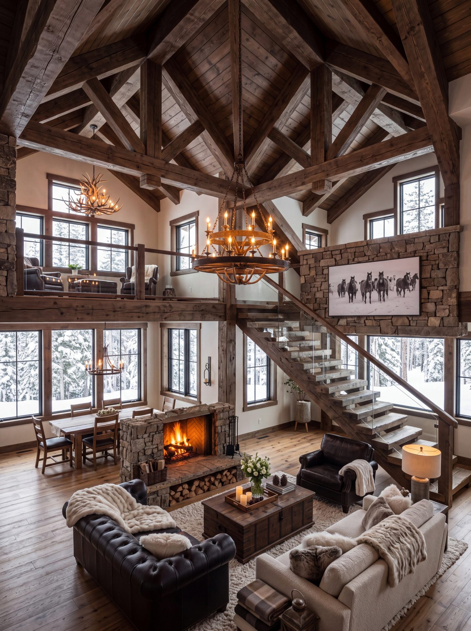 Timber frame loft living room design with open staircase and wagon-wheel chandelier.