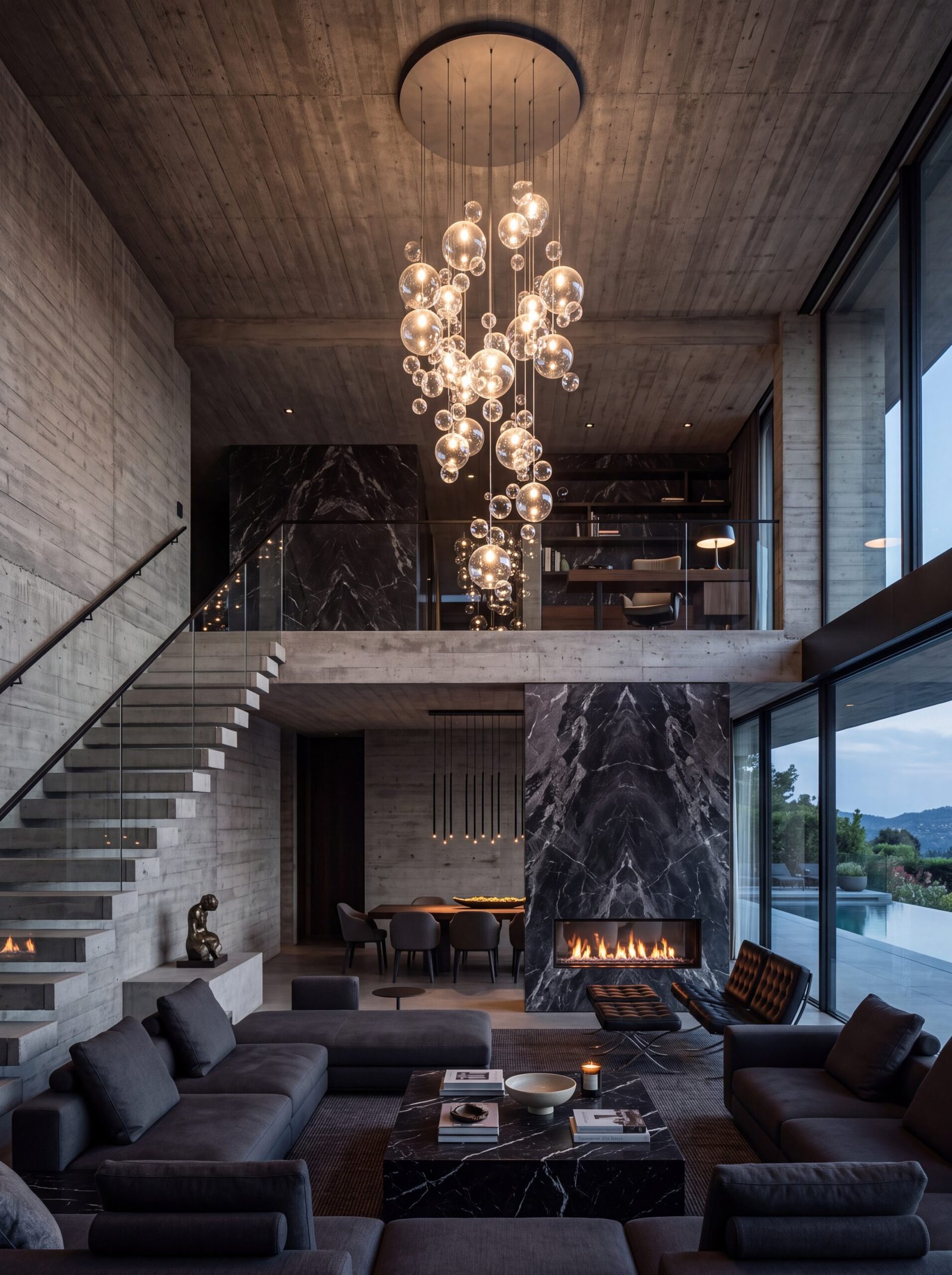 Double-height great room with board-formed concrete walls and a marble fireplace wall