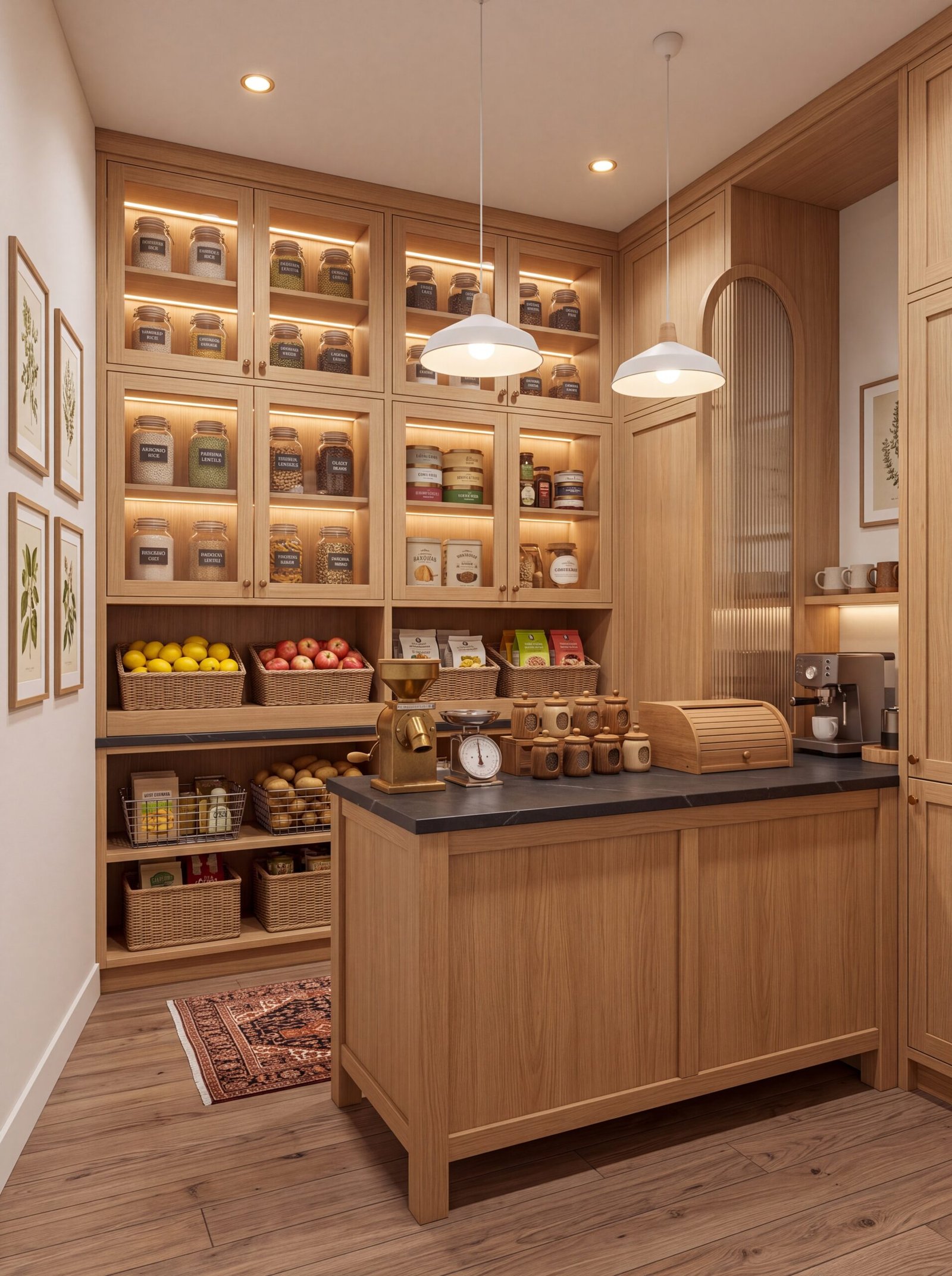 Pantry coffee bar with espresso machine, stoneware mug shelf, and reeded glass arch