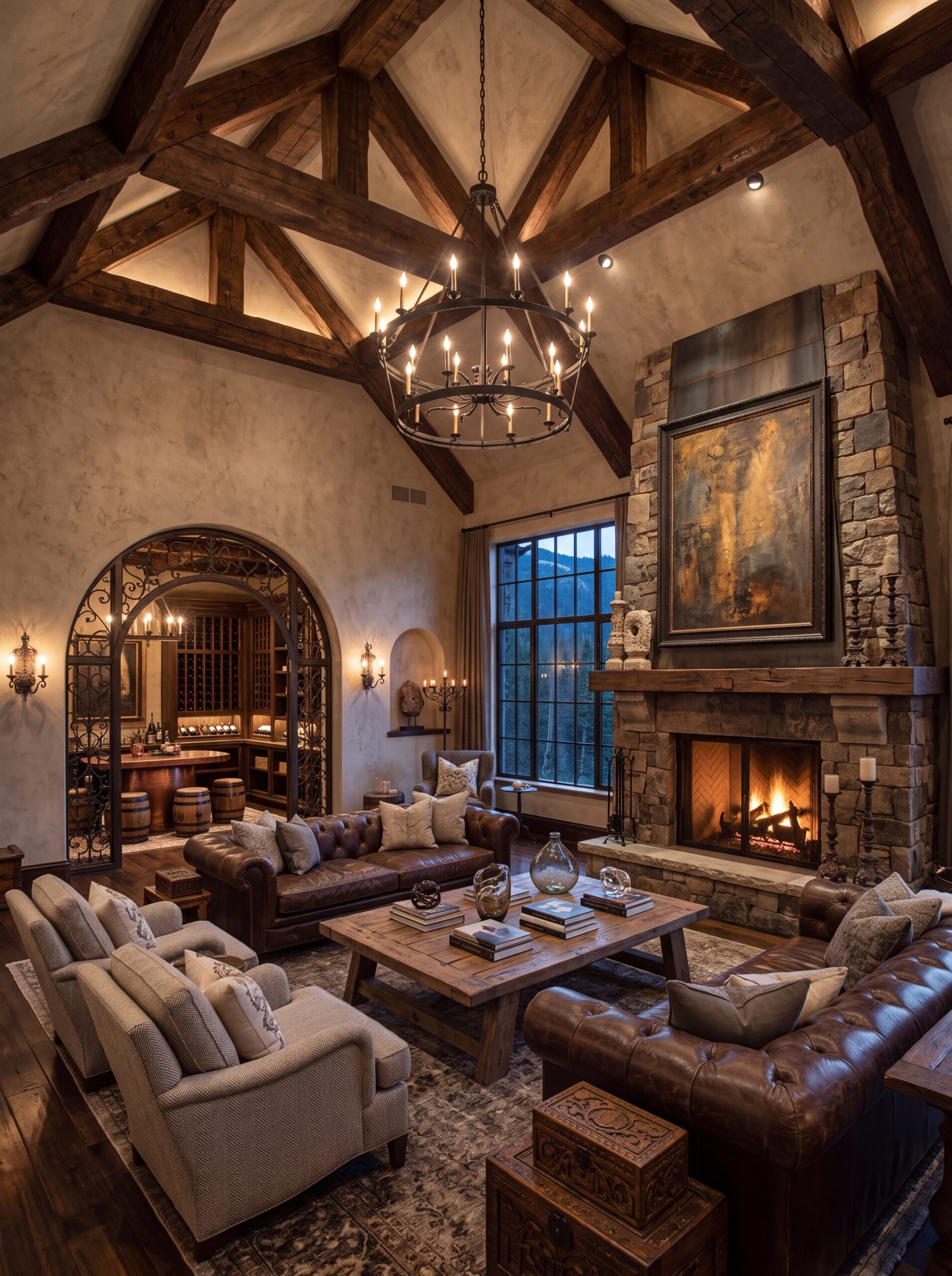 Brown leather chesterfield sofas and linen armchairs surround a reclaimed wood coffee table.