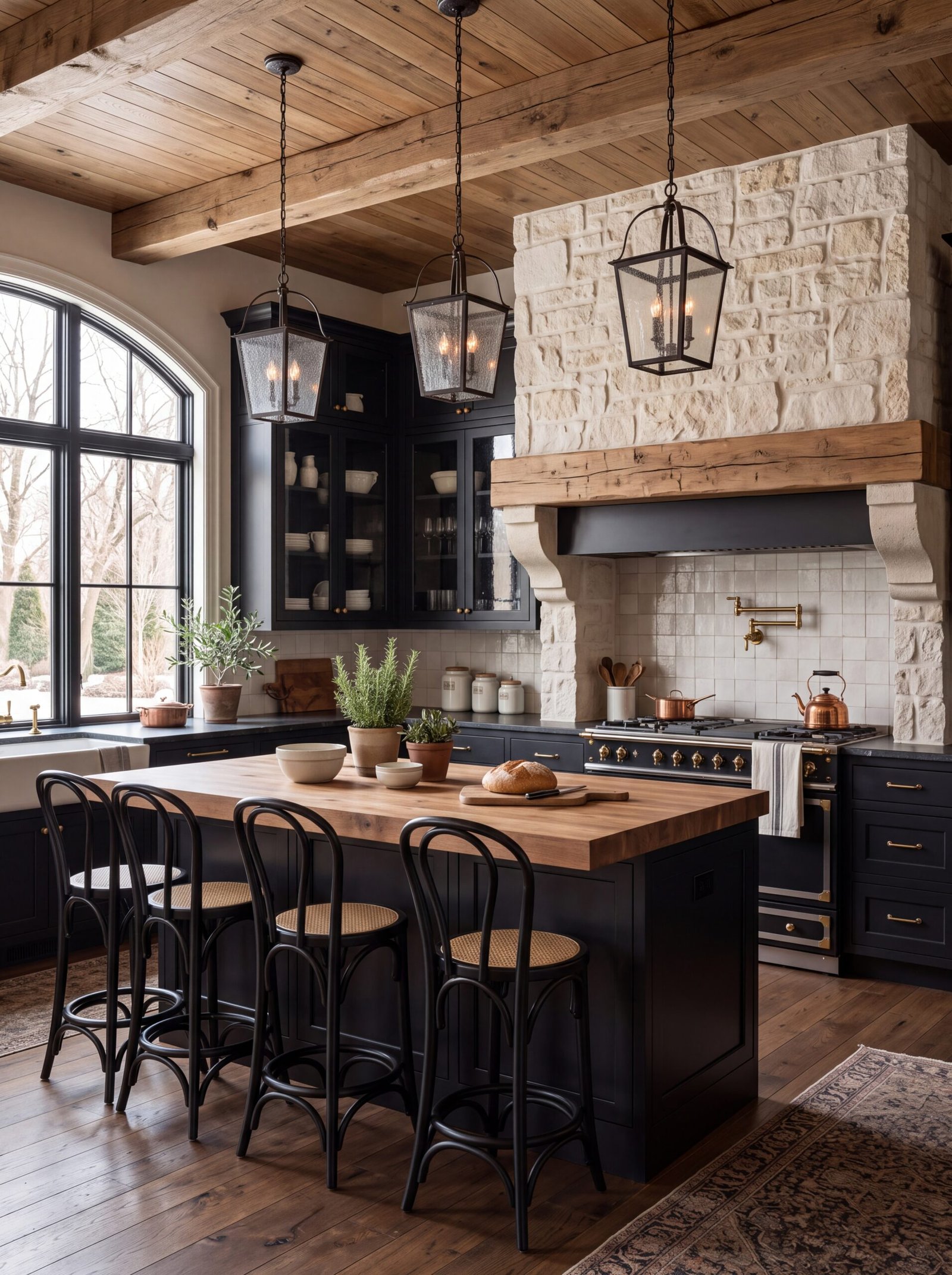 Black kitchen with limestone hood surround and butcher block island top.