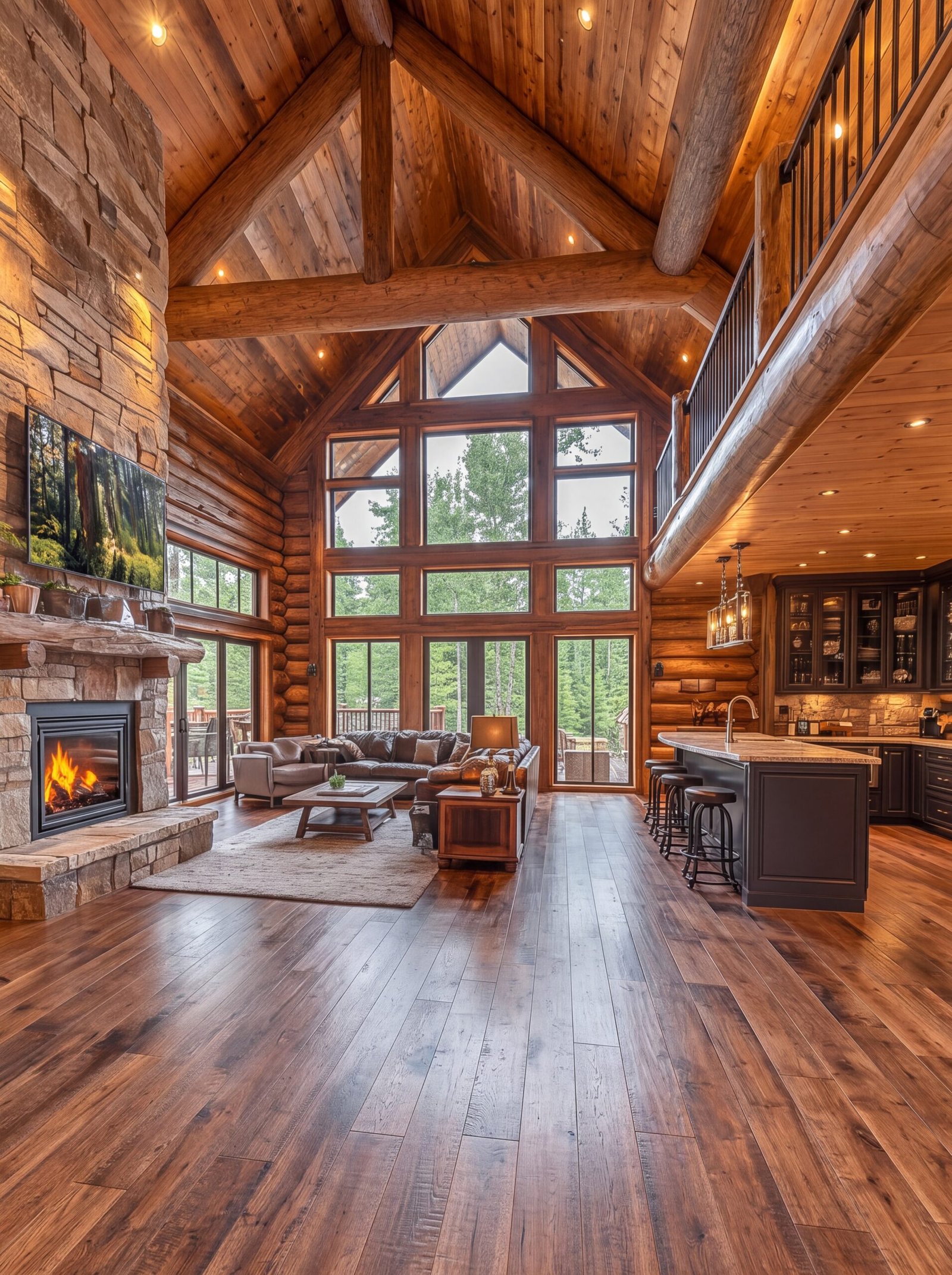Log cabin great room featuring leather sectional and round wood coffee table