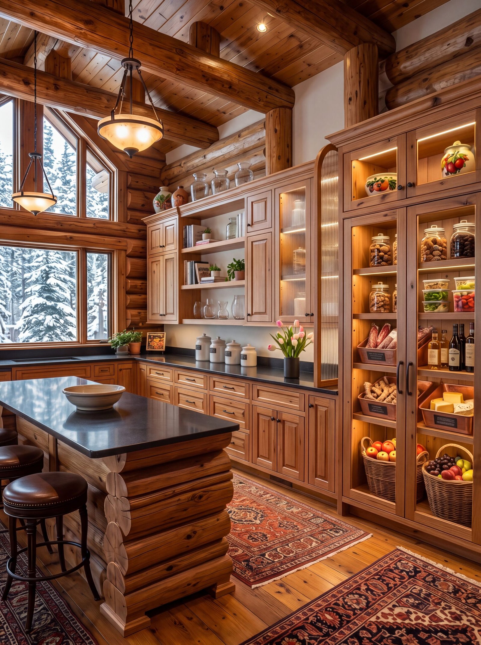 Cabin kitchen pantry with log island, leather stools, and alabaster pendant lights
