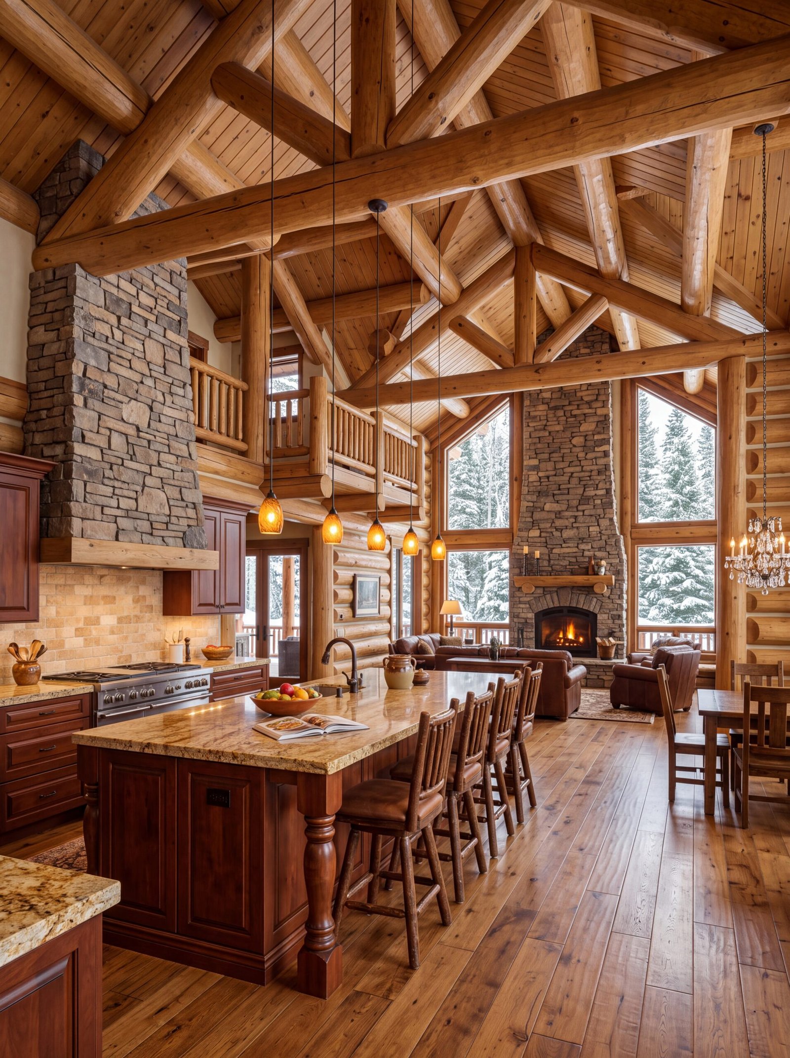 Open-concept log cabin kitchen with a long granite island and eight barstools.