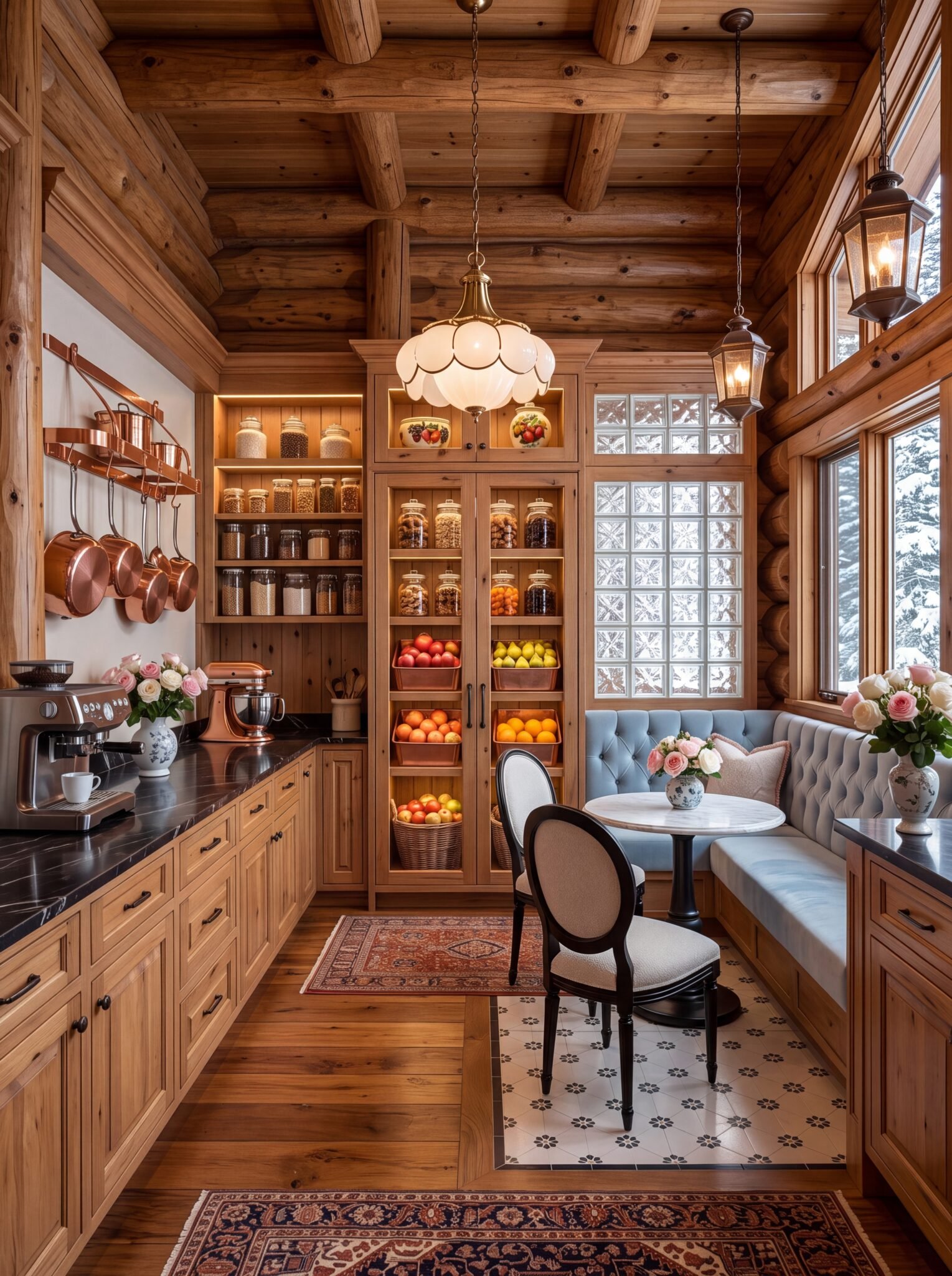 Pantry breakfast nook with blue tufted velvet banquette and a round marble bistro table