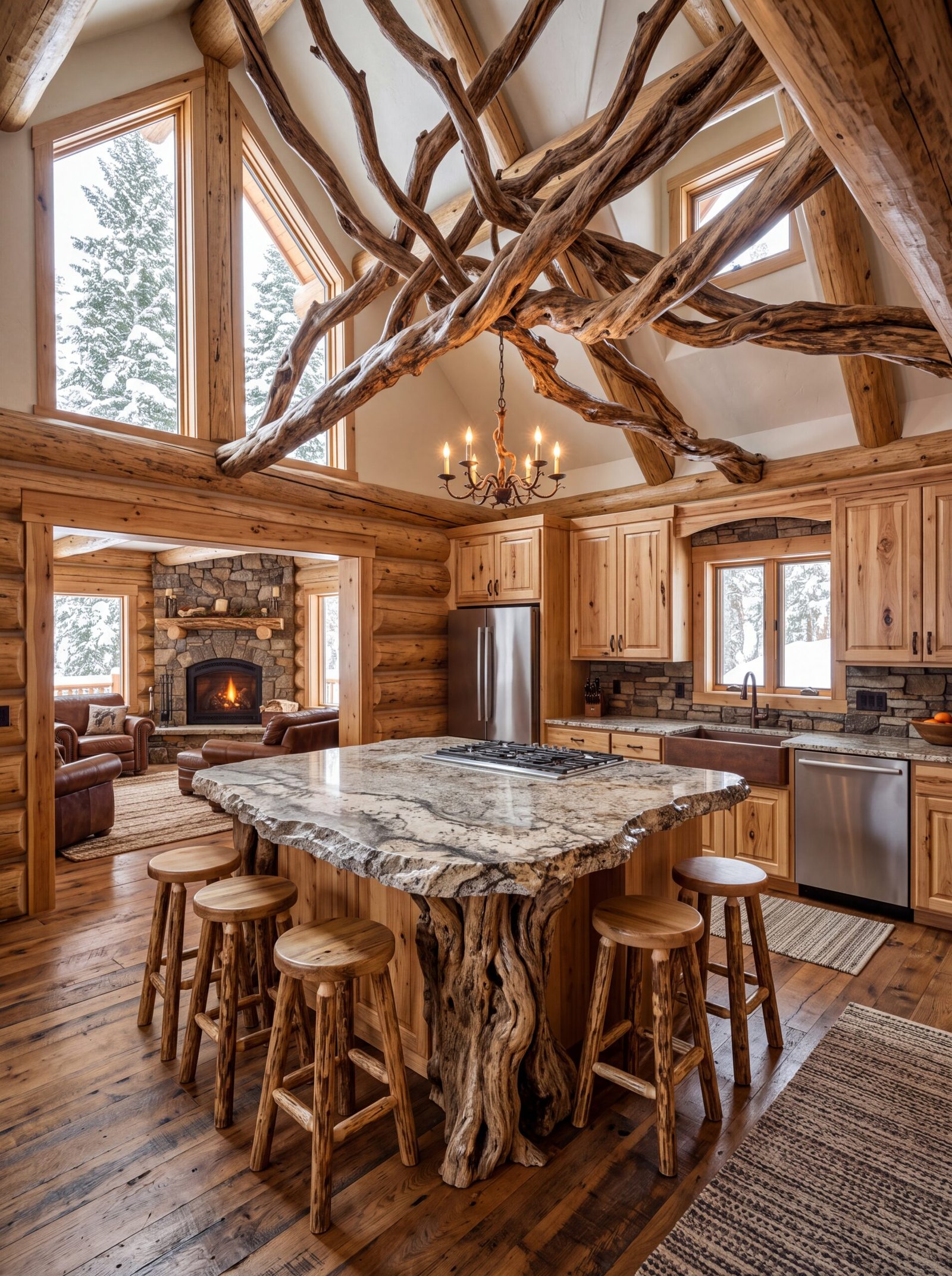 Round wood stools circle a live-edge granite island in a log home kitchen.