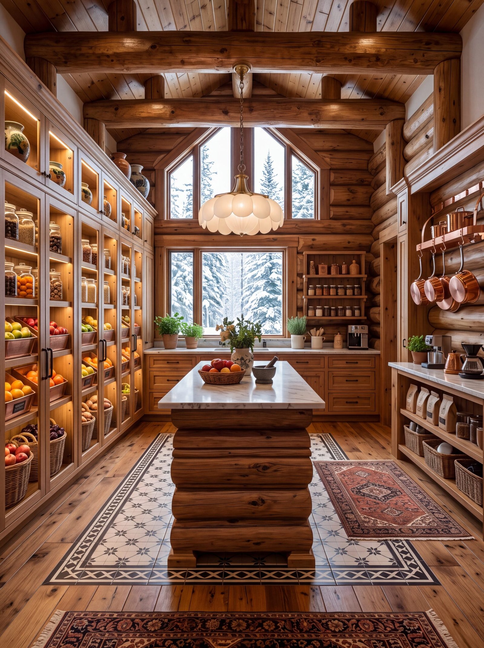 Log cabin butler's pantry with white marble island and scalloped milk-glass pendant