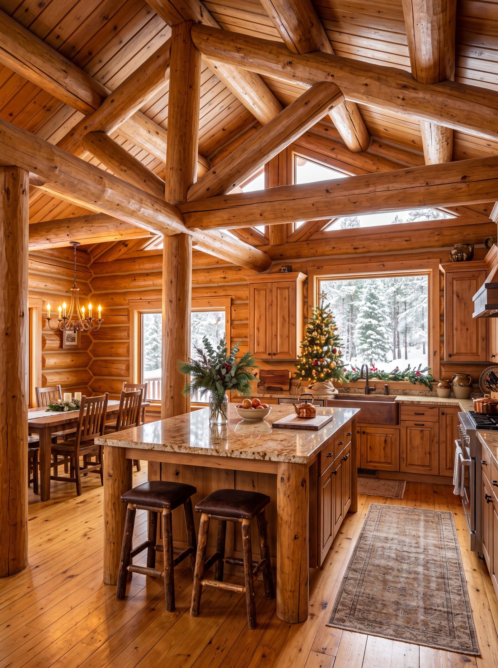 Rustic log cabin kitchen decorated with a small tree and fresh greenery.