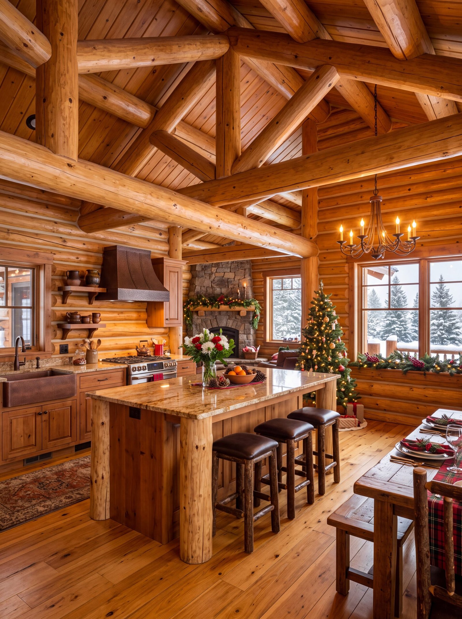 Log cabin kitchen decorated for Christmas with a tree and garland-draped mantel.