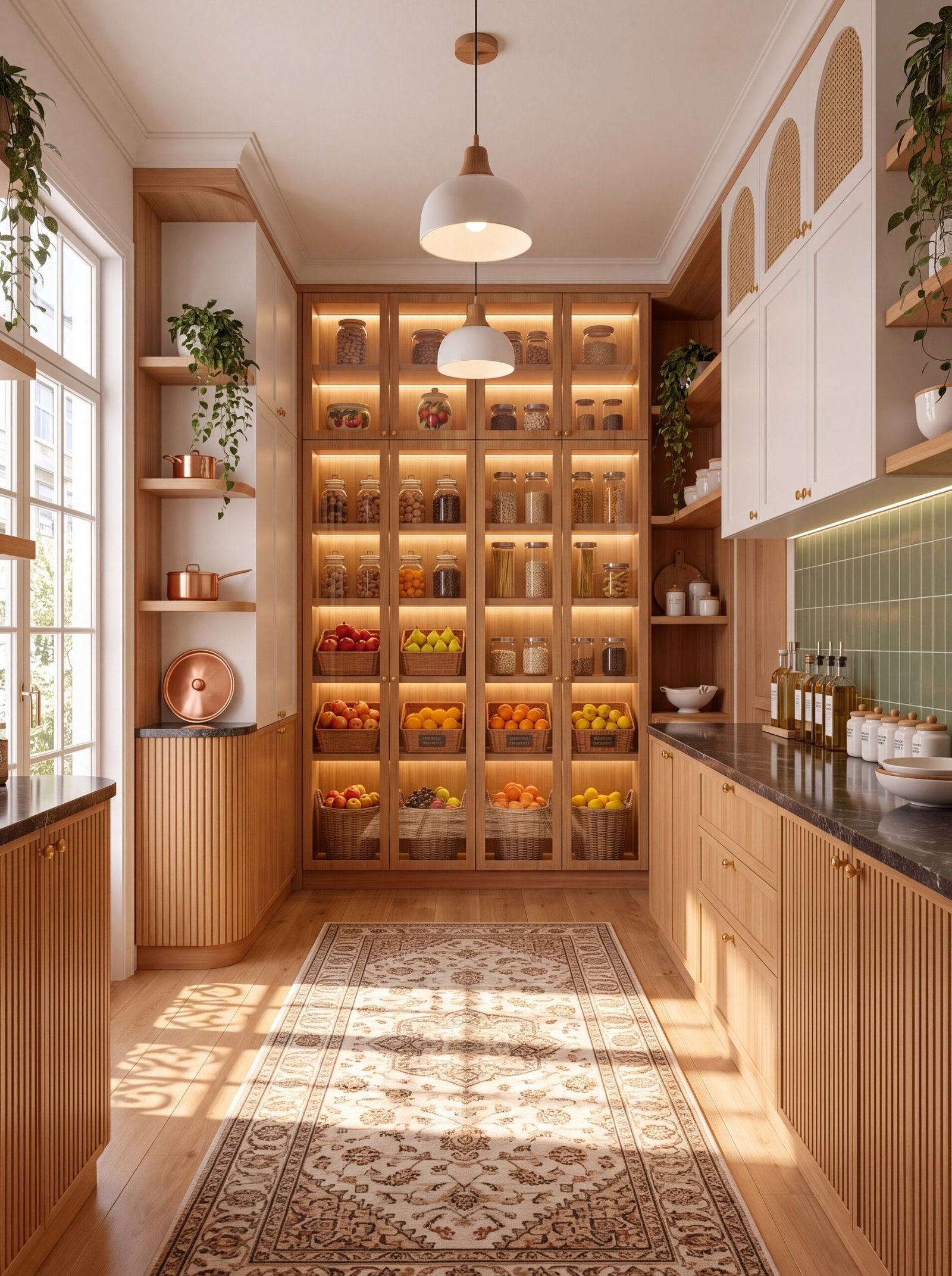 Galley pantry with fluted oak cabinets, white dome pendants, and an ivory Persian runner