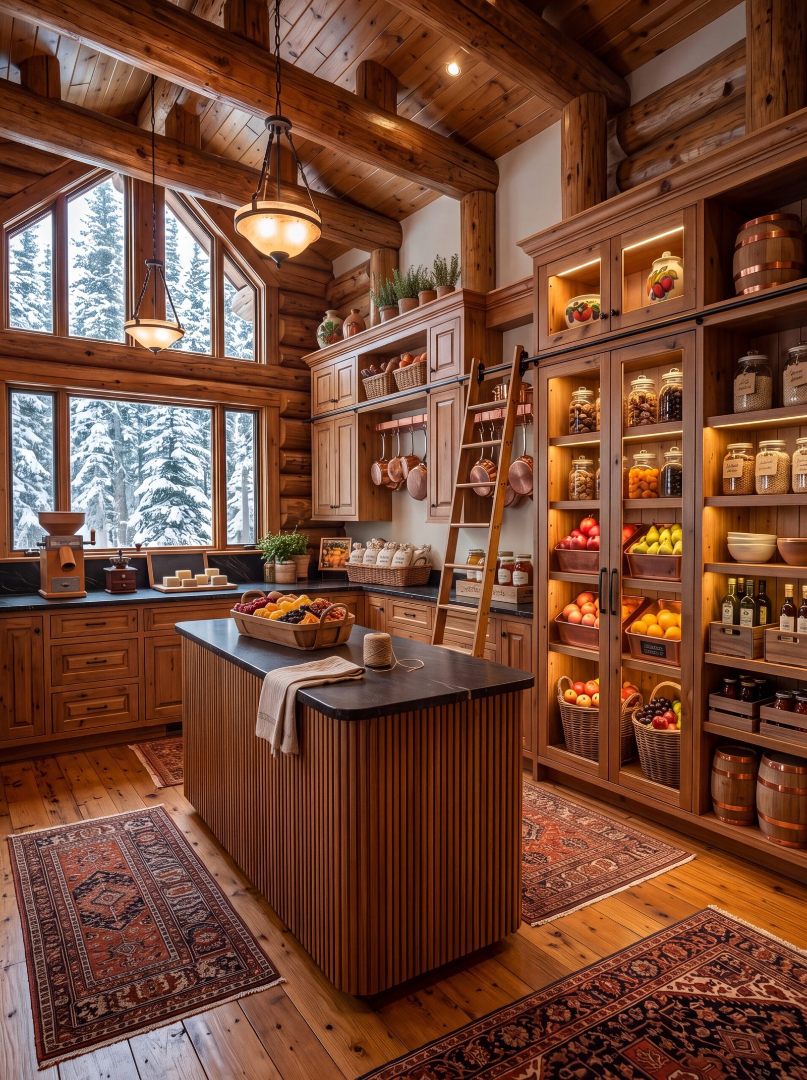 Farmhouse pantry with fluted wood island, black stone top, and snowy gable windows