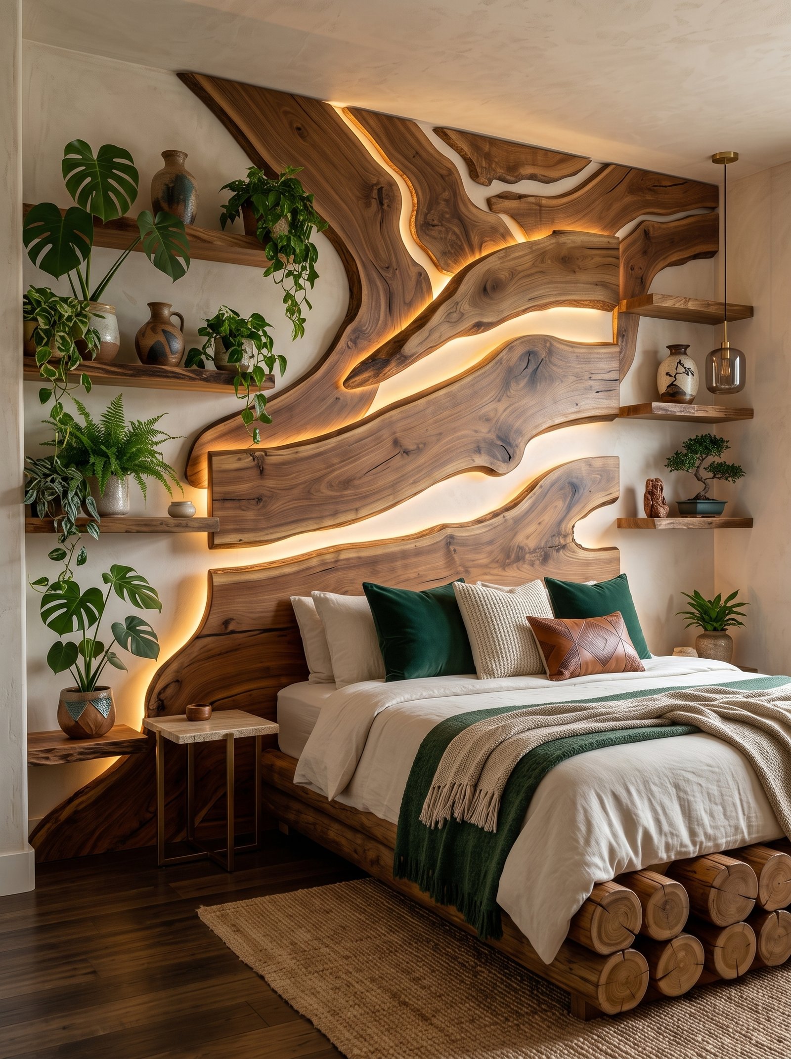 Wood furniture DIY headboard with backlit live-edge panels and log-stacked bed base