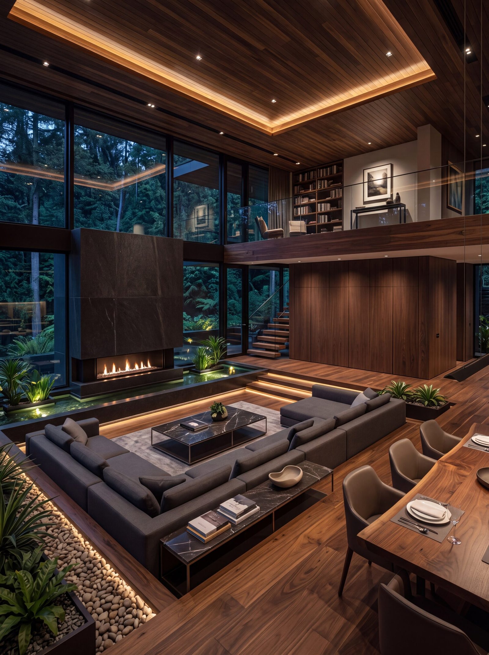 High-end open-concept living and dining space with warm wood ceiling lighting