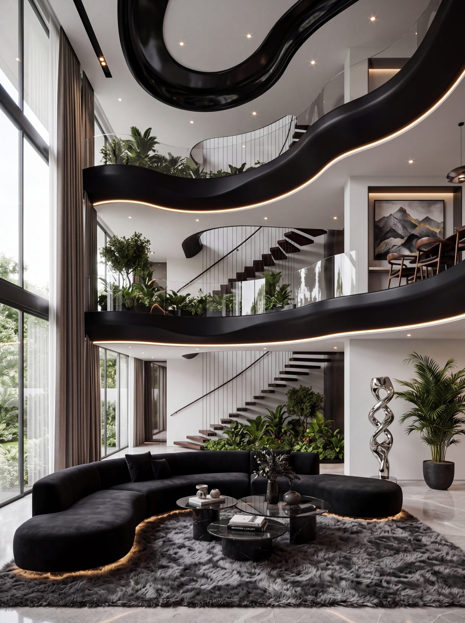 Curved sofa living room design with a black sculptural ceiling and multi-level staircase view.