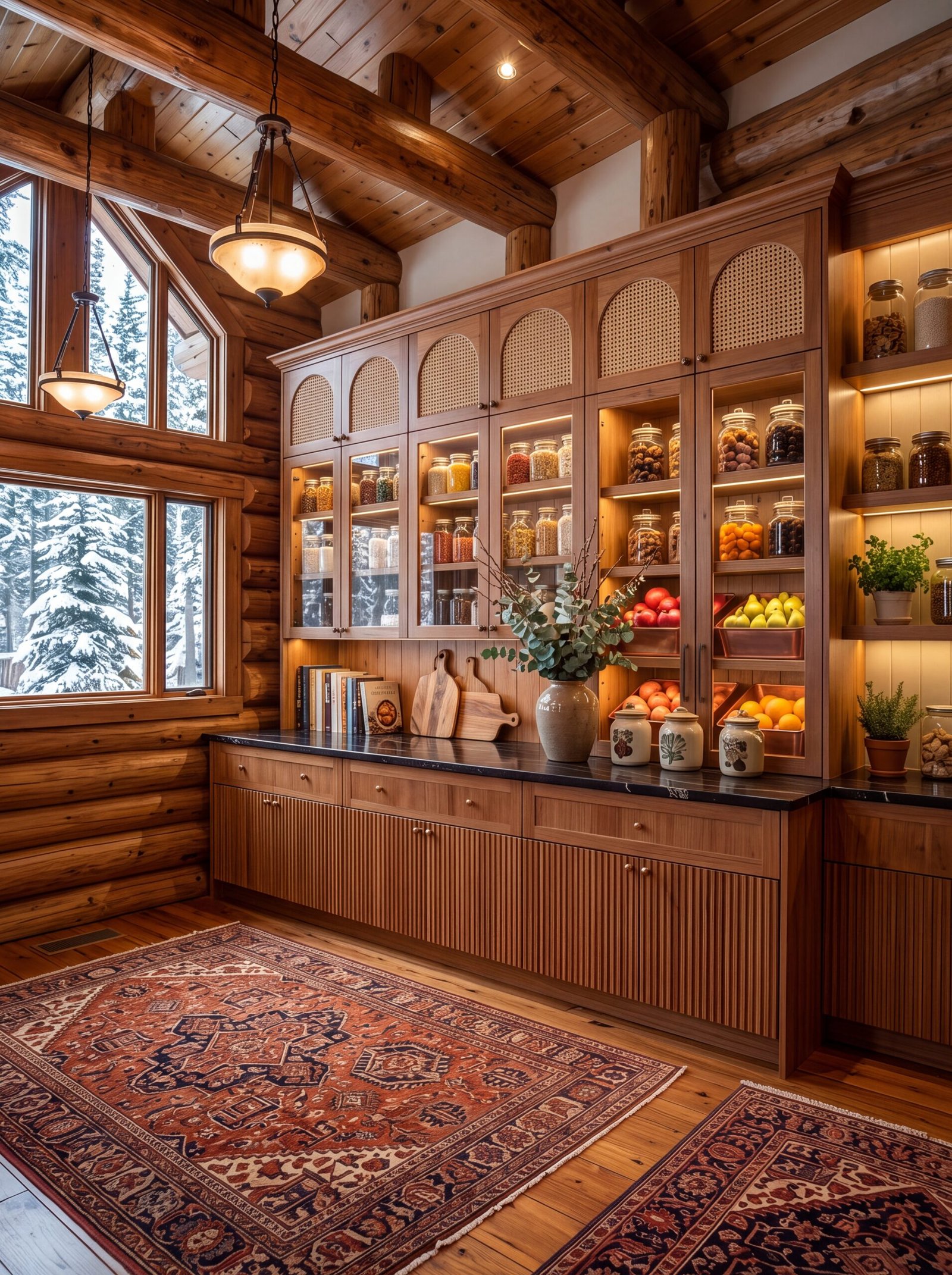 Pantry wall with arched cane upper cabinets, glass doors, and fluted wood lower cabinets