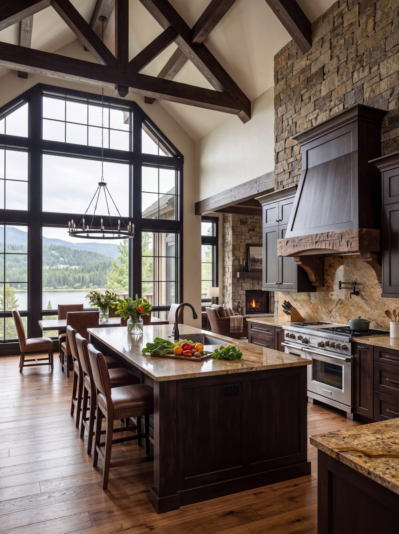 Rustic kitchen with peaked windows overlooking a mountain lake and forest.