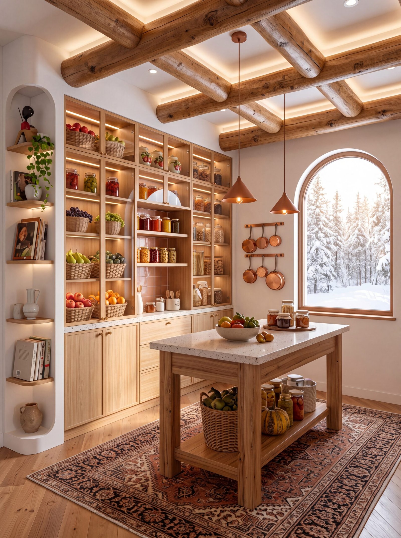 Modern rustic pantry with crisscross log beams, cove lighting, and copper cone pendants