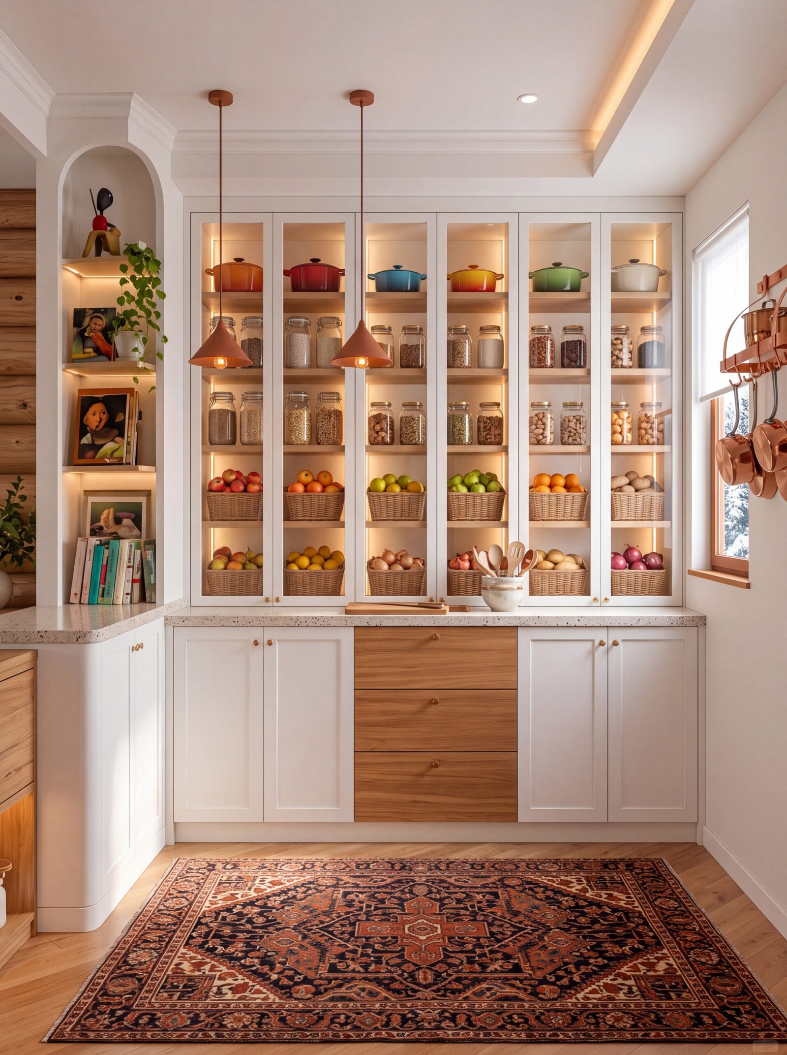 White pantry cabinets with glass doors, colorful enameled pots, and LED-lit jar shelves