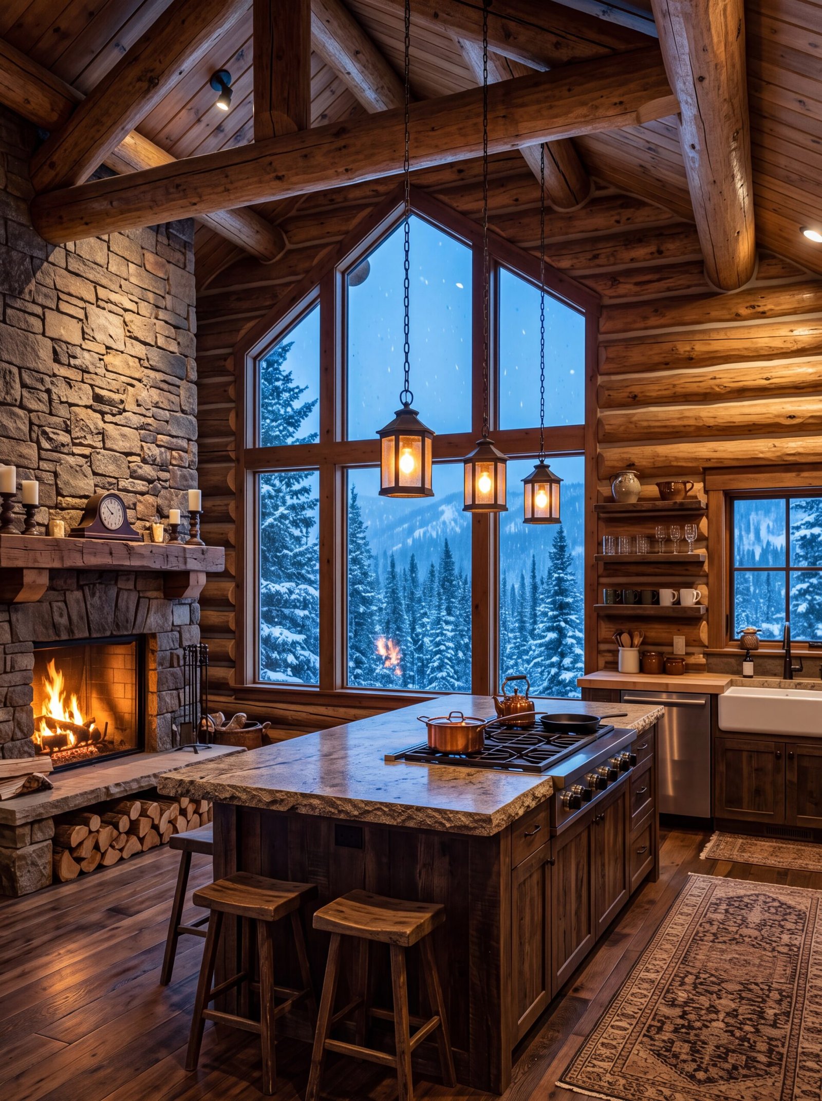 Log cabin kitchen with granite island lit by three hanging lanterns at dusk.