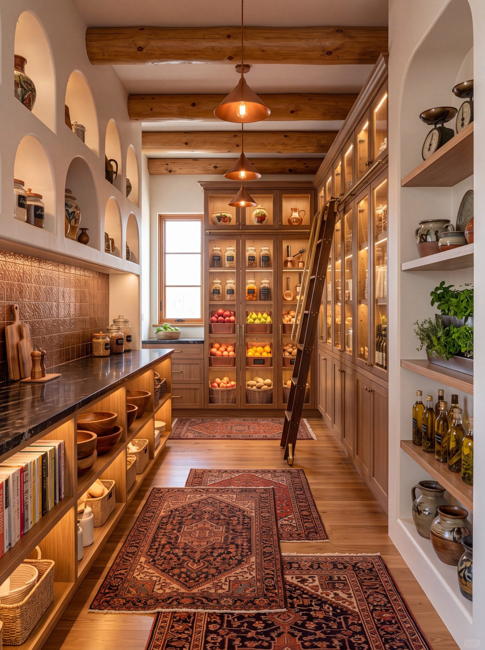 Southwestern pantry with white plaster arched niches, log vigas, and copper cone pendants