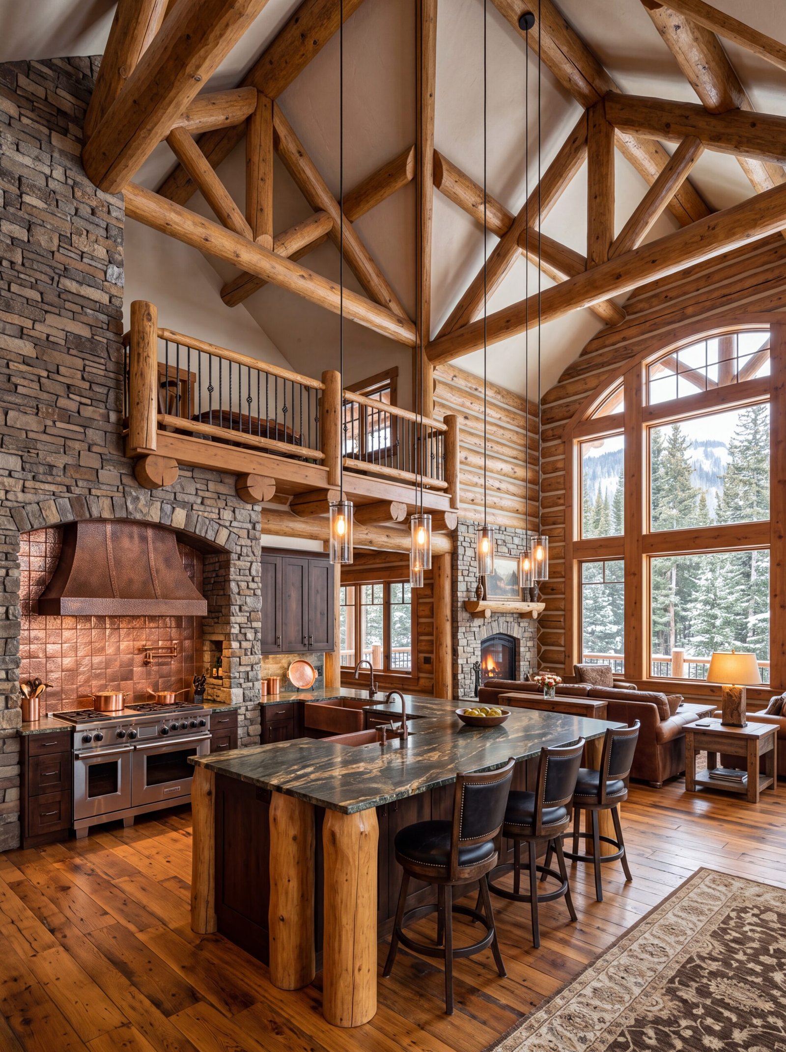 Log cabin kitchen with green granite island and glass cylinder pendant lights.