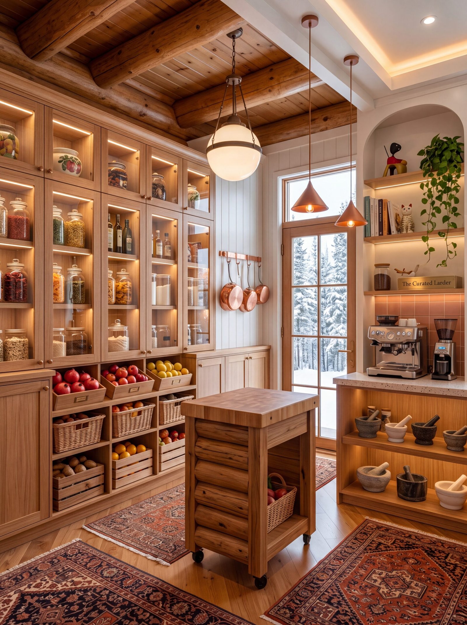 Walk-in larder with LED-lit glass cabinets, wooden produce crates, and wicker baskets