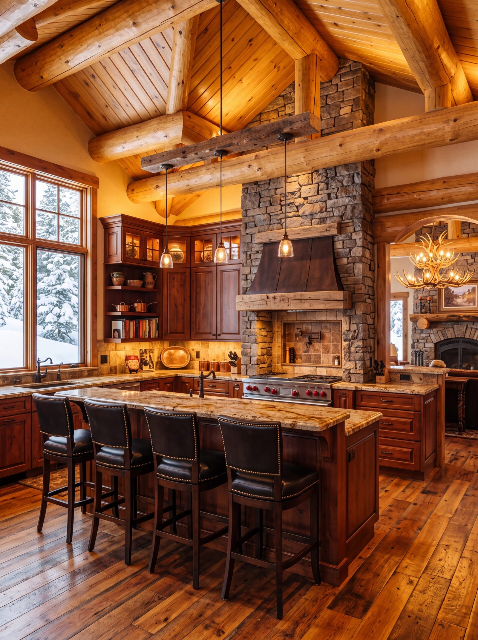 Cherry wood cabinetry and travertine counters in a warm cabin-style kitchen.
