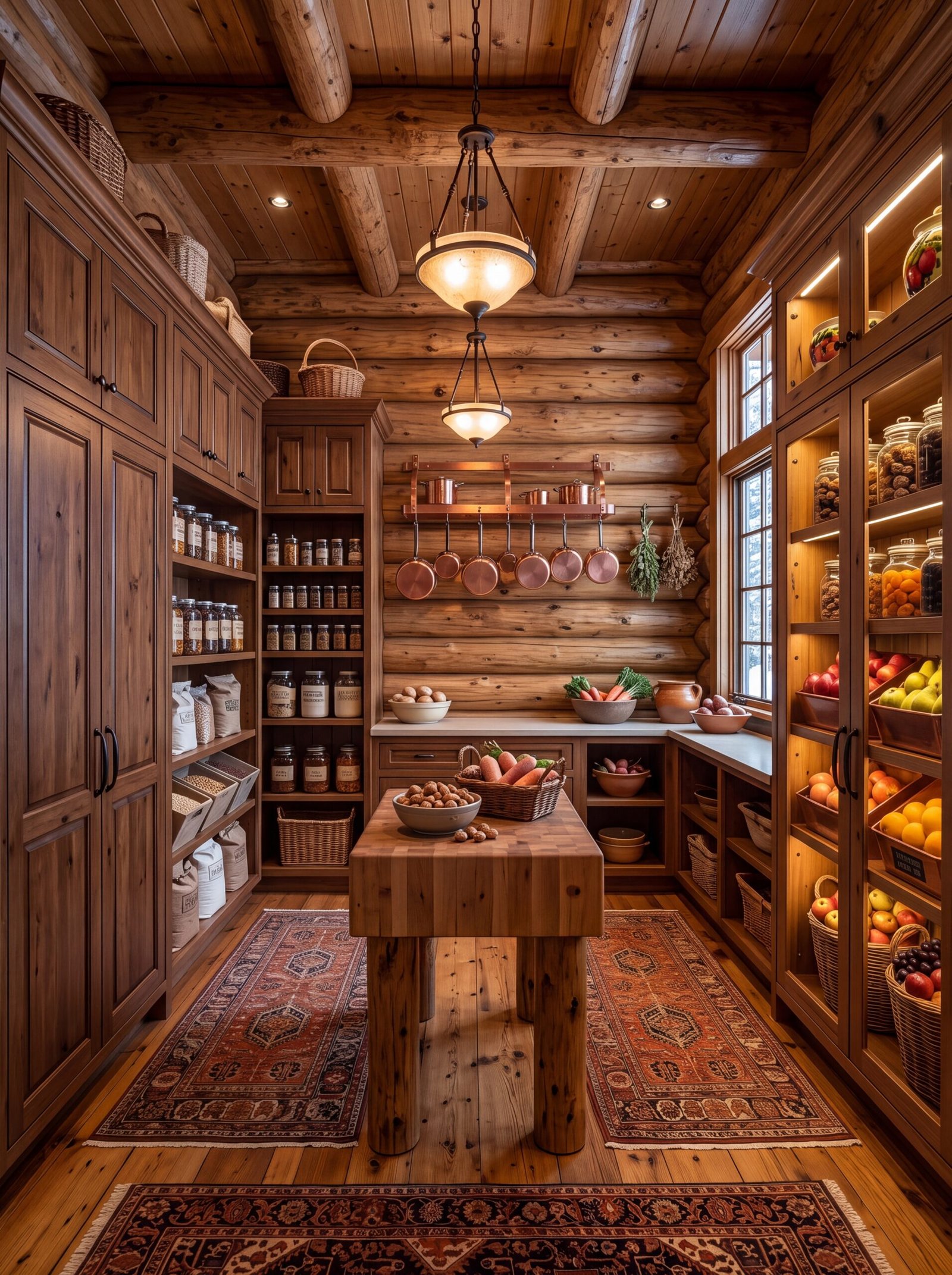 Rustic pantry storage with baskets on cabinet tops and layered Persian rugs