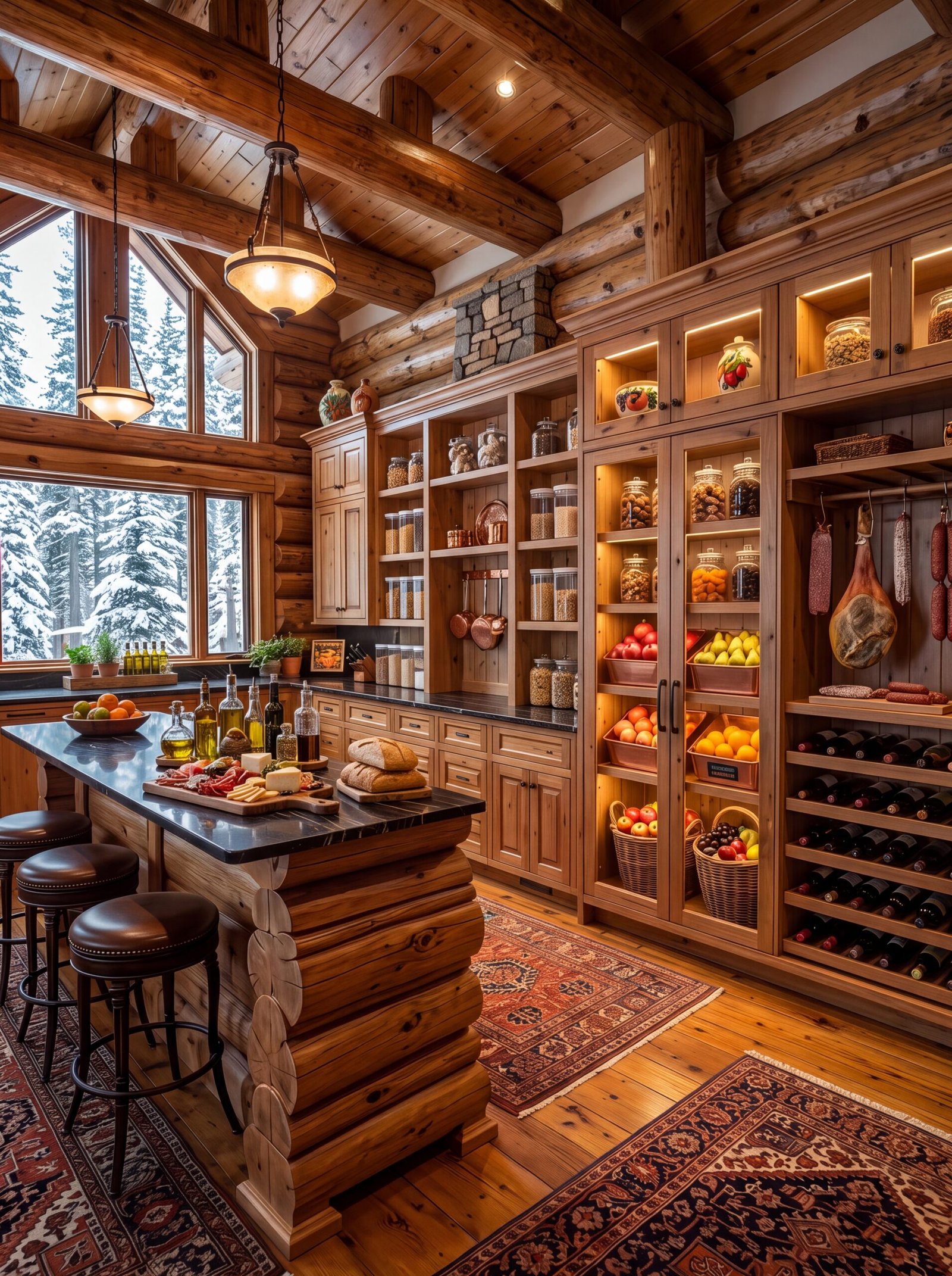 Glass cabinets with copper fruit bins beside open shelves of square clear canisters